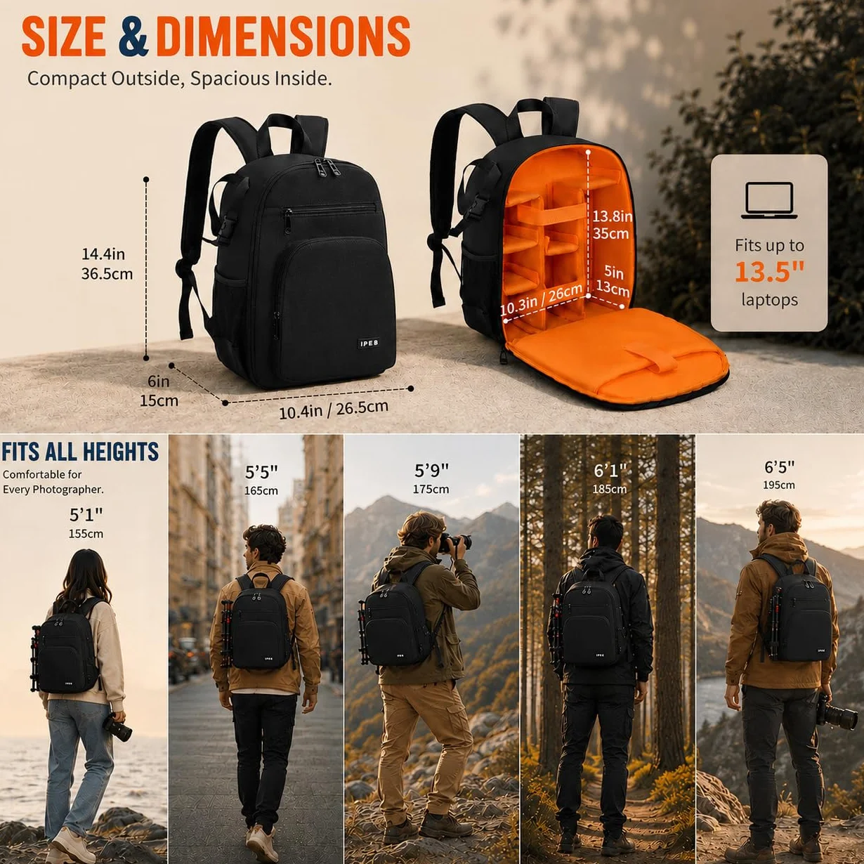 Kamerarucksack ，Für DSLR/SLR spiegellose Kamera，Schwarz-Orange (S) | Stativhalterung, Wasserdicht, Anti-Diebstahl, Für DSLR/SLR spiegellose Kamera