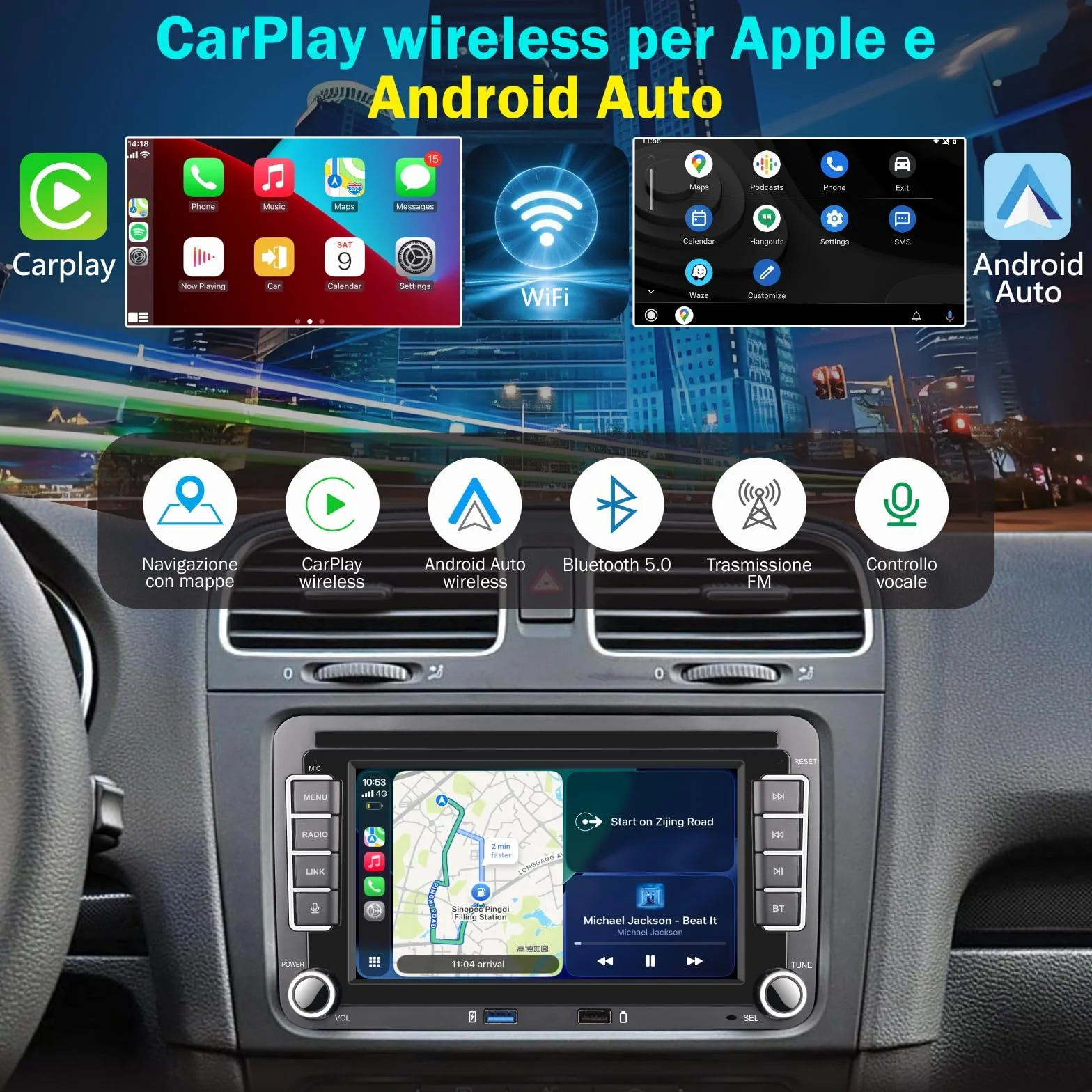 Linux Autoradio Mit Bildschirm für Golf 5 6 VW Polo 6R T5 Passat Touran Seat, 7 Zoll Wireless Carplay & Android Auto, MirrorLink, Navigation, Lenkrad Strg, DAB, SWC, Bluetooh/WLAN/FM/AM/USB/DSP/RDS
