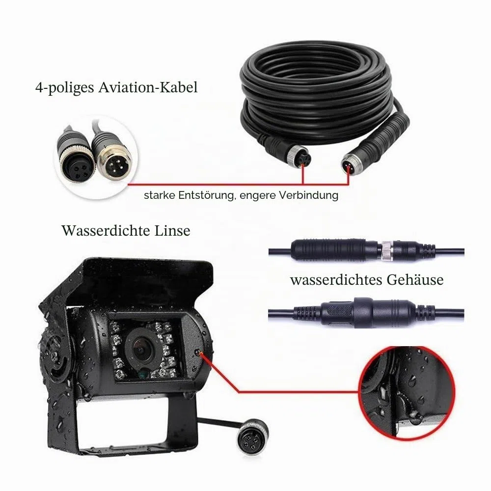 Camecho Rückfahrkamera IR Nachtsicht Wasserdicht 12V 24V 10m 4 Pins Kabel Kit für Auto Bus Lkw Caravan Camper