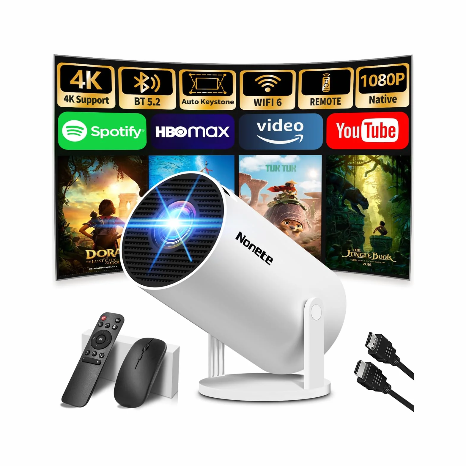 Mini Projector 4K 1080P Full HD Beamer with WiFi 6 BT 5.2, Automatic Keystone 270° Dreh, HDMI/TV Stick/Laptop, Weiß