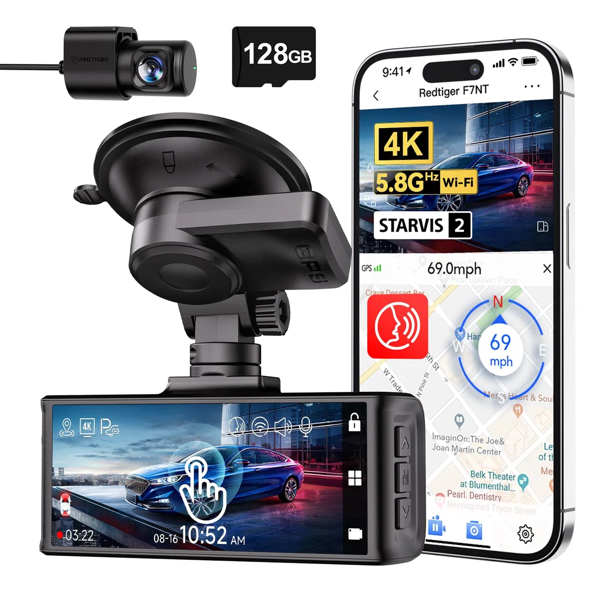 REDTIGER 4K STARVIS 2 Dashcam Auto Vorne Hinten Touchscreen 3.18 Zoll Sprachsteuerung WiFi 6 GPS 2160P UHD Nachtsicht Parkmonitor F7N Touch