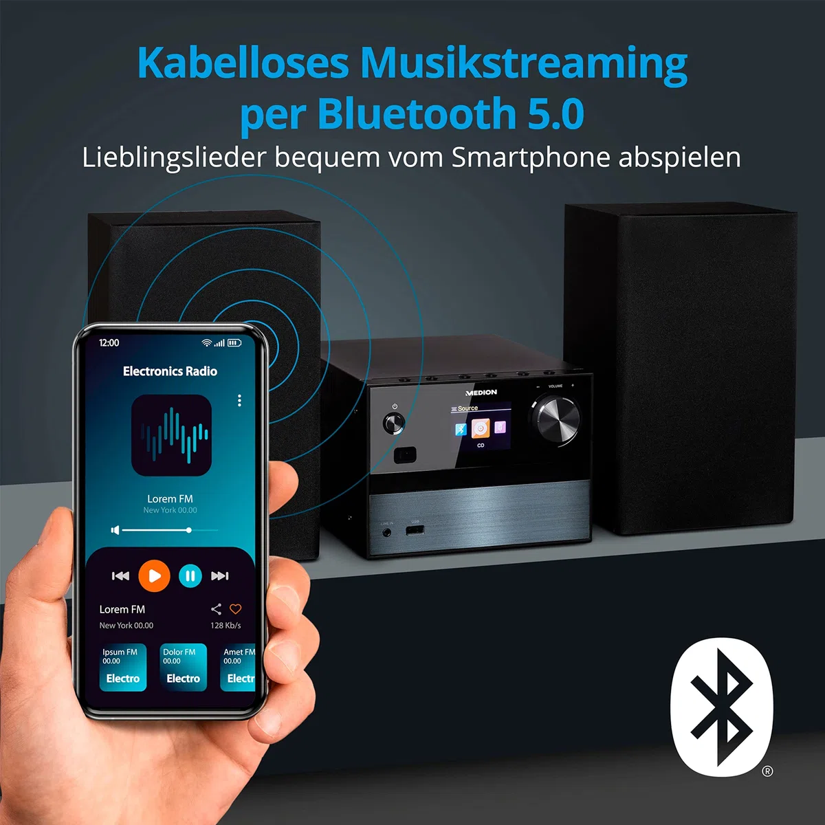MEDION P64014 Micro Audio System Kompaktanlage (DAB+, CD-Player, PLL UKW Radio, Bluetooth, USB Anschluss, AUX) Titan
