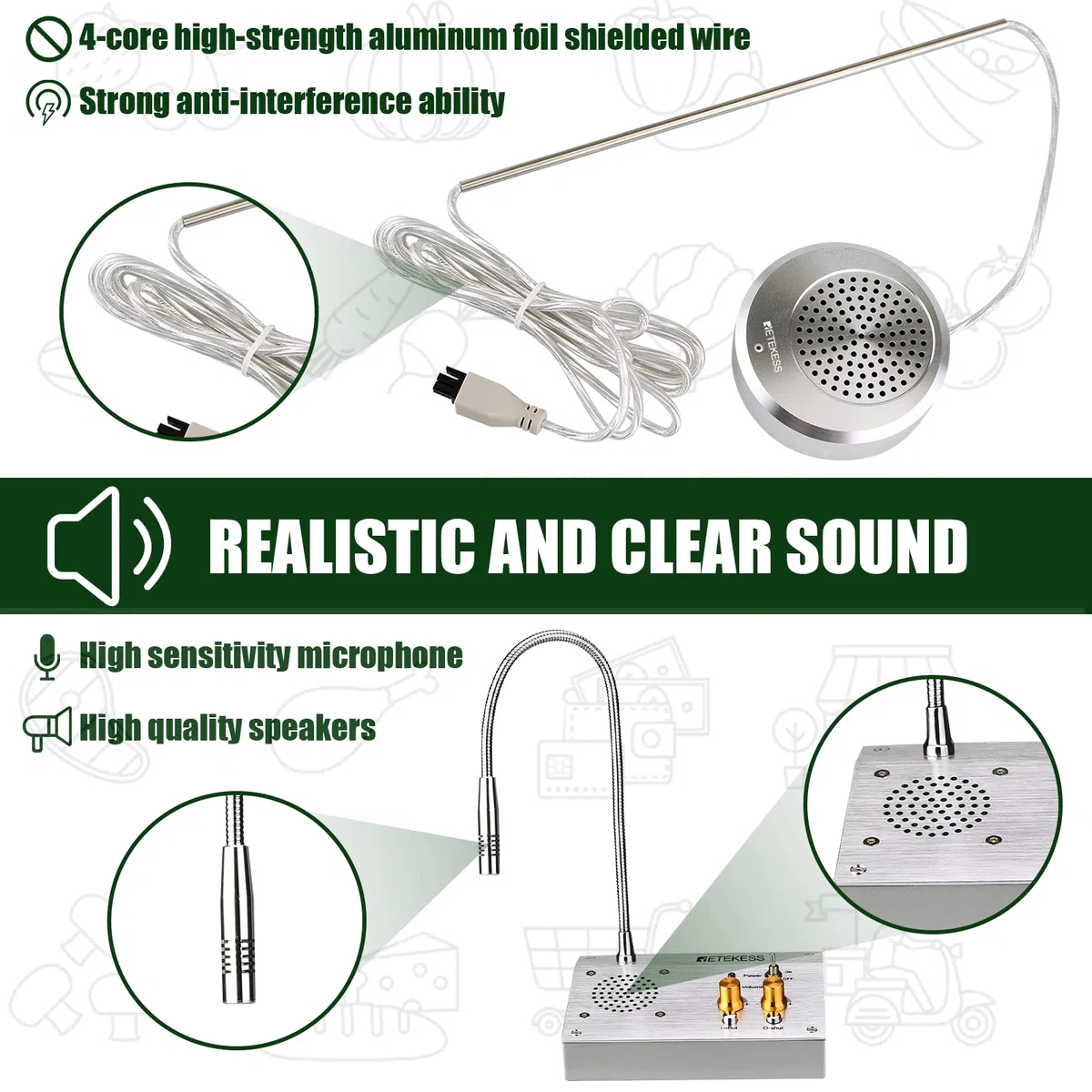 Retekess TW103 Window Speaker System, Two-Way Intercom Microphone (Silver) | für Einwanderungskontrollpunkte, Bankschalter, Fahrkartenschalter, Aufnahmefunktion, Unabhängige Lautstärkeregelung
