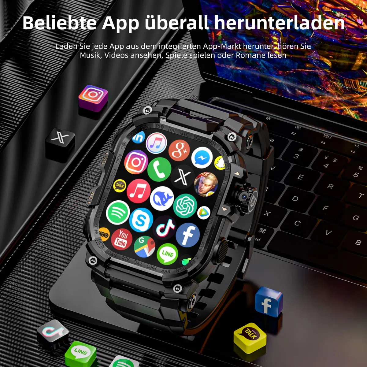 LOKMAT 2,06''AMOLED 4G Smartwatch mit großem Bildschirm, 3 GB + 32 GB, robuste Militär-Sport-Android-Smartwatch für Herren mit drehbarer Kamera, WiFi, GPS, NFC, für Männer und Frauen (Schwarz)