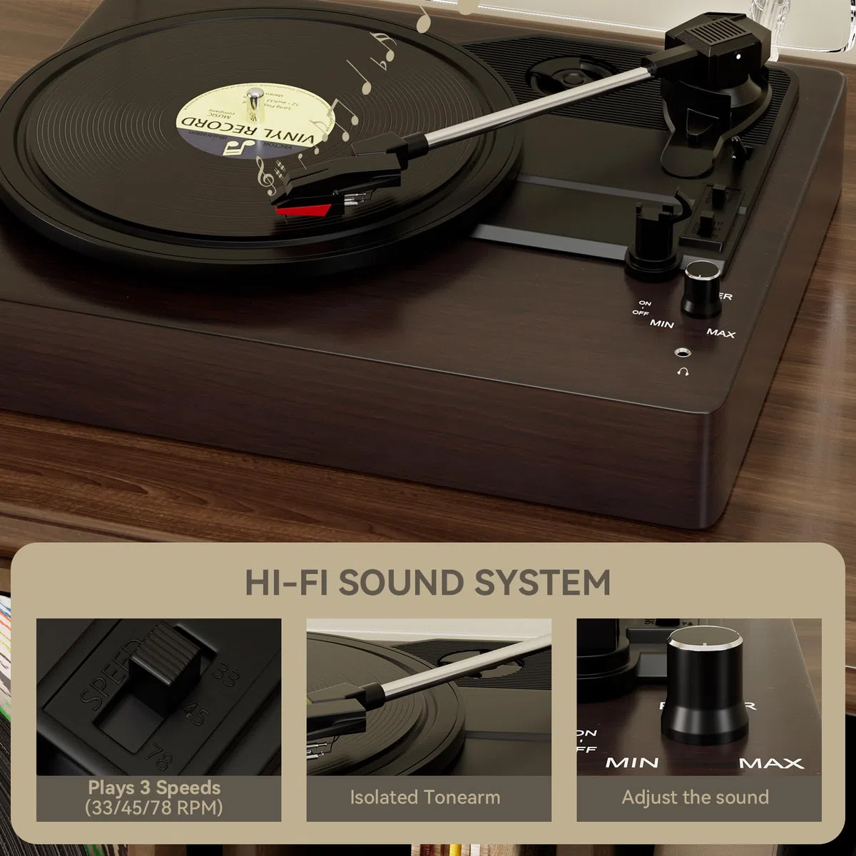 Topteng Schallplattenspieler mit Lautsprecher, 3-Geschwindigkeiten (33/45/78 U/min) für 7/10/12 Zoll Vinyl-Schallplatten, Geteilter Turntable Record Player, mit LP Modus - Zum entspannten Musikgenuss