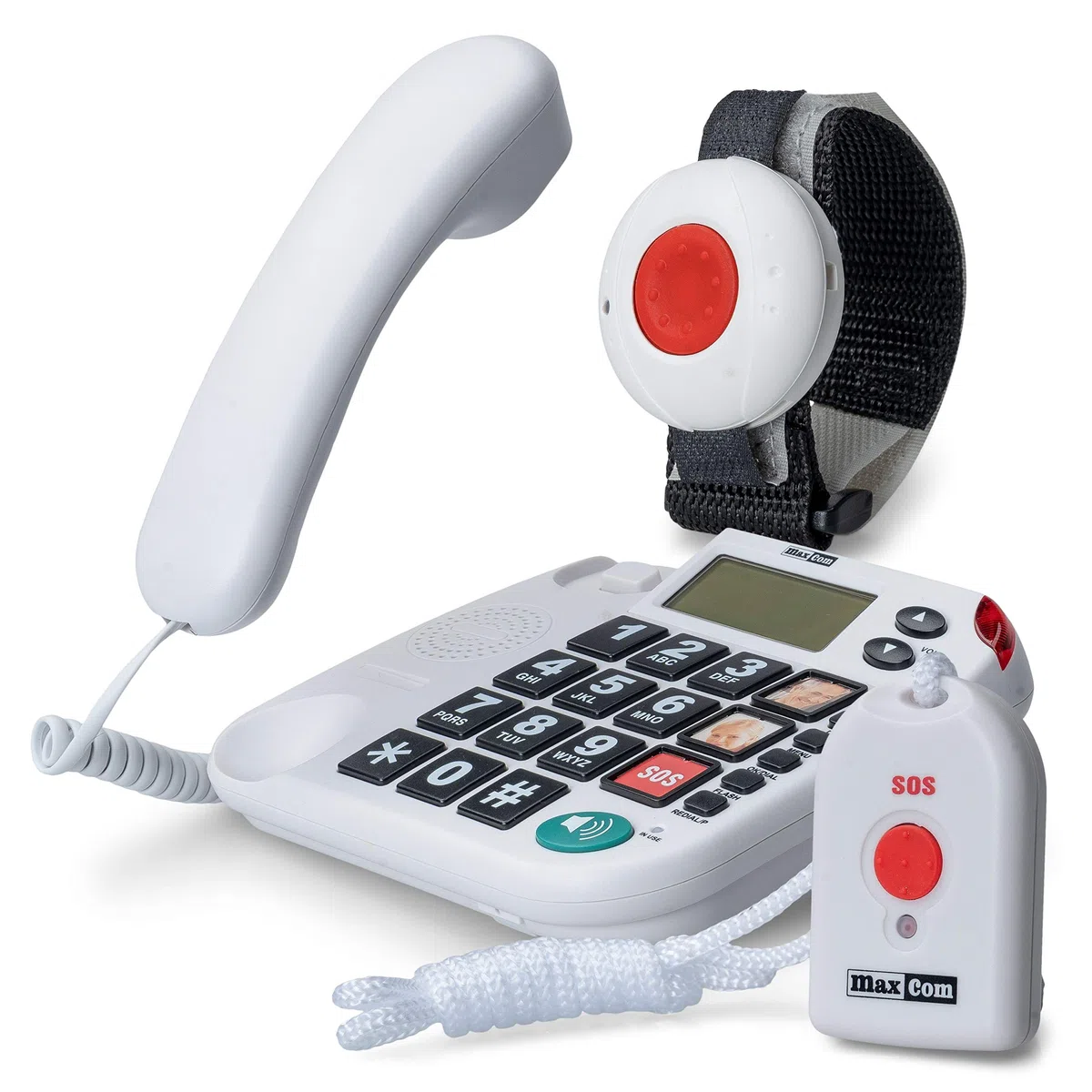 MaxCom KXTSOS: Seniorentelefon mit Funk-Notruf-Sender, schnurgebundenes Festnetztelefon mit Arm- und Halsbandsender, großen Tasten, Adapterstecker, hörgerätekompatibel