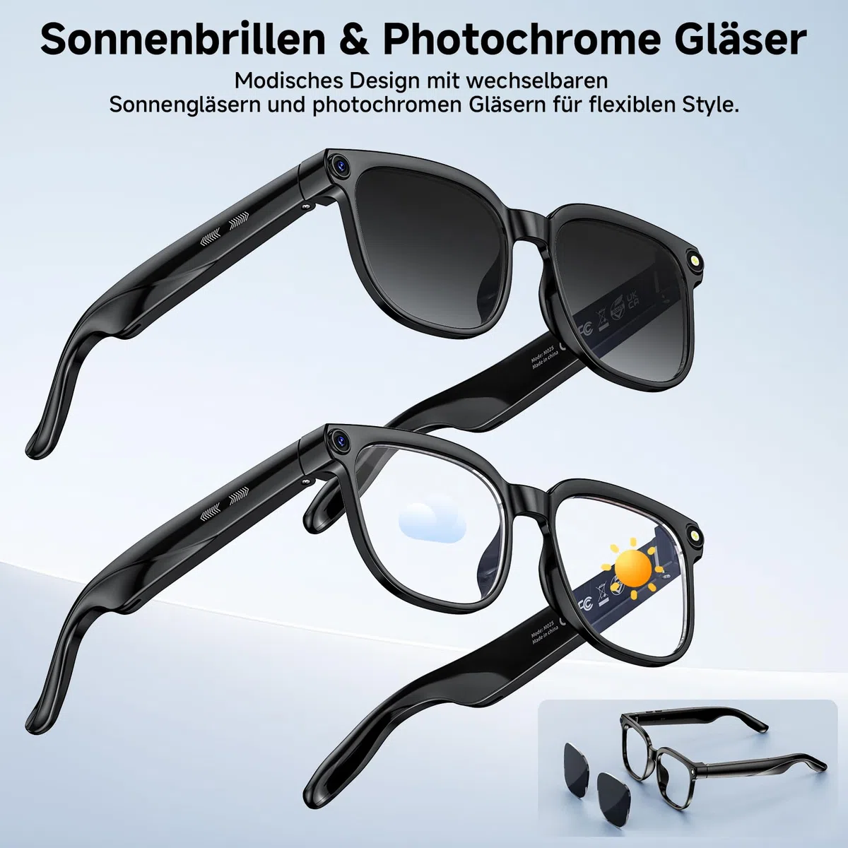 AI Smart Glasses, Brille mit 800 W Kamera, 2 Paare Brillengläser, 1080P HD Video und Audiorecording mit Bildstabilisierung, /Bluetooth-Anrufe/AI-Assistent/Echtzeitübersetzung