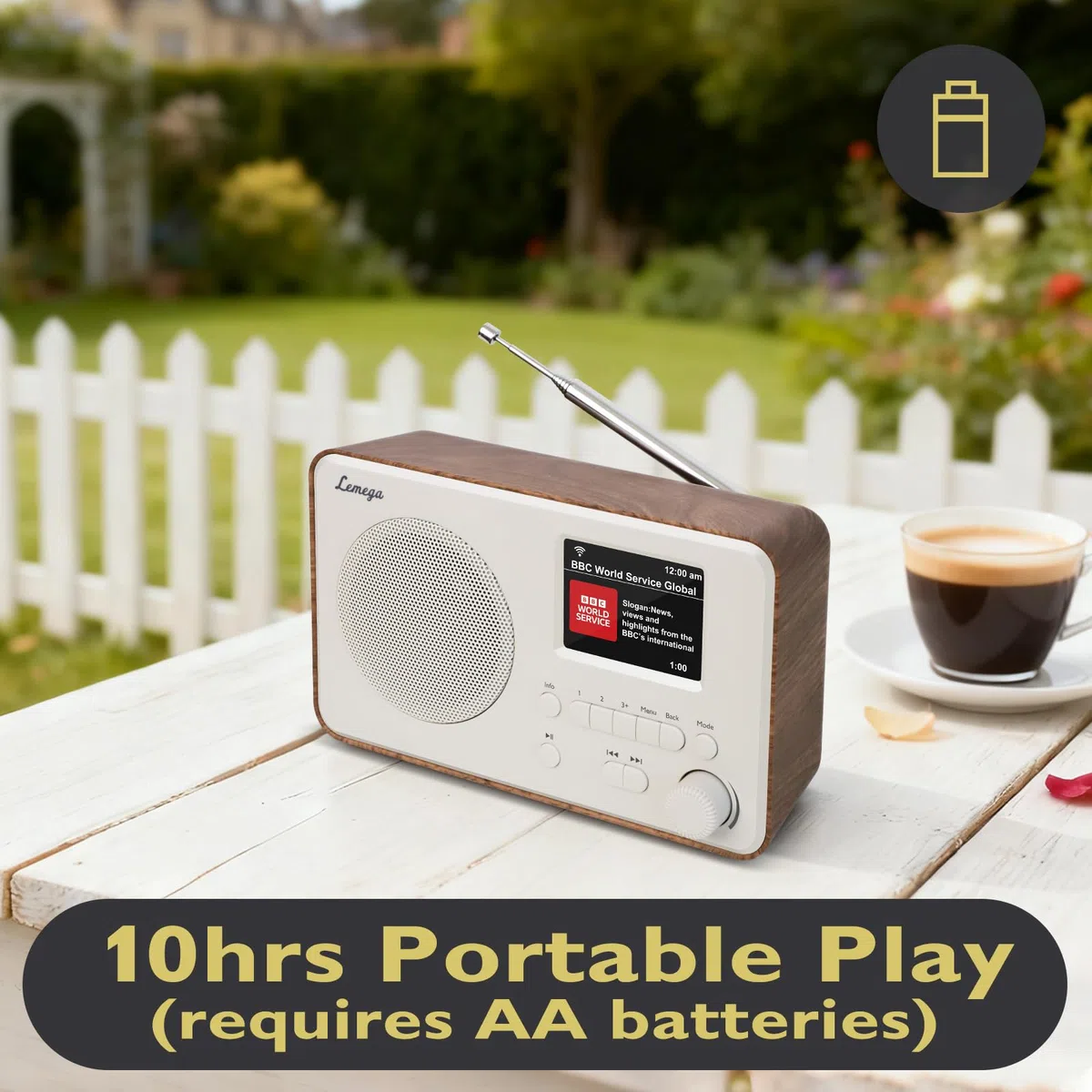 LEMEGA IR1S Internetradio mit Podcast-Funktion & Bluetooth – DAB/DAB+, FM Radio, 150 Senderspeicher, Radiowecker, Kompaktes Küchenradio mit Farbdisplay, Netz- oder Batteriebetrieb, Walnuss