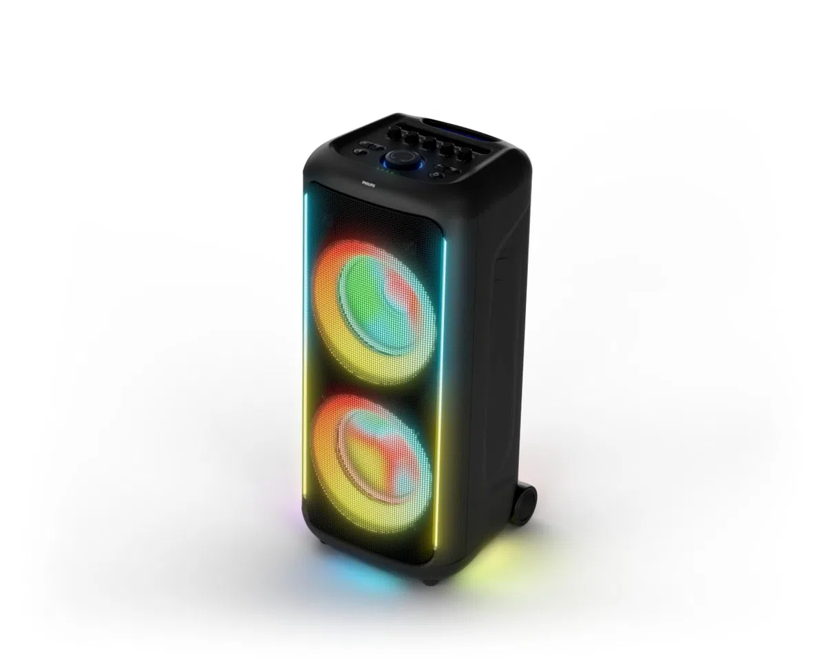Philips TAX5000E Bluetooth-Party-Lautsprecher, 200 W Leistung, Bass+, Lichtshow, 14 Std. Akku, TWS, Auracast, Mikro-/Gitarren-Eingänge, IPX4-Spritzwasserschutz, USB, AUX, App-Steuerung, Räder, Griff