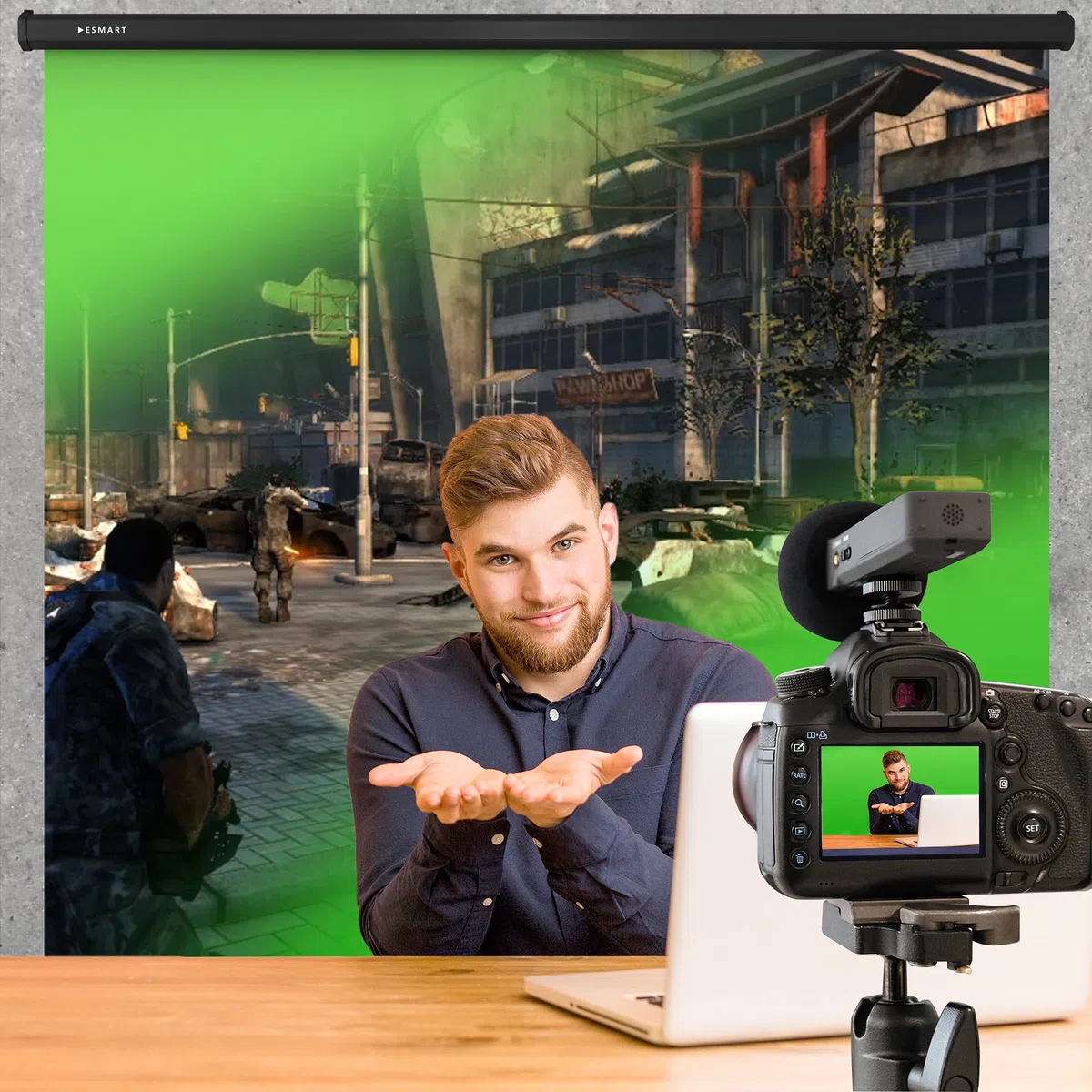 ESMART Rollo Greenscreen (200 x 200 cm 1:1) Tuch: grün | Chroma-Key-Hintergrund, Platz sparendes Rollo-System, Wand- & Deckenmontage, ideal für Fotografie & Virtual Studio