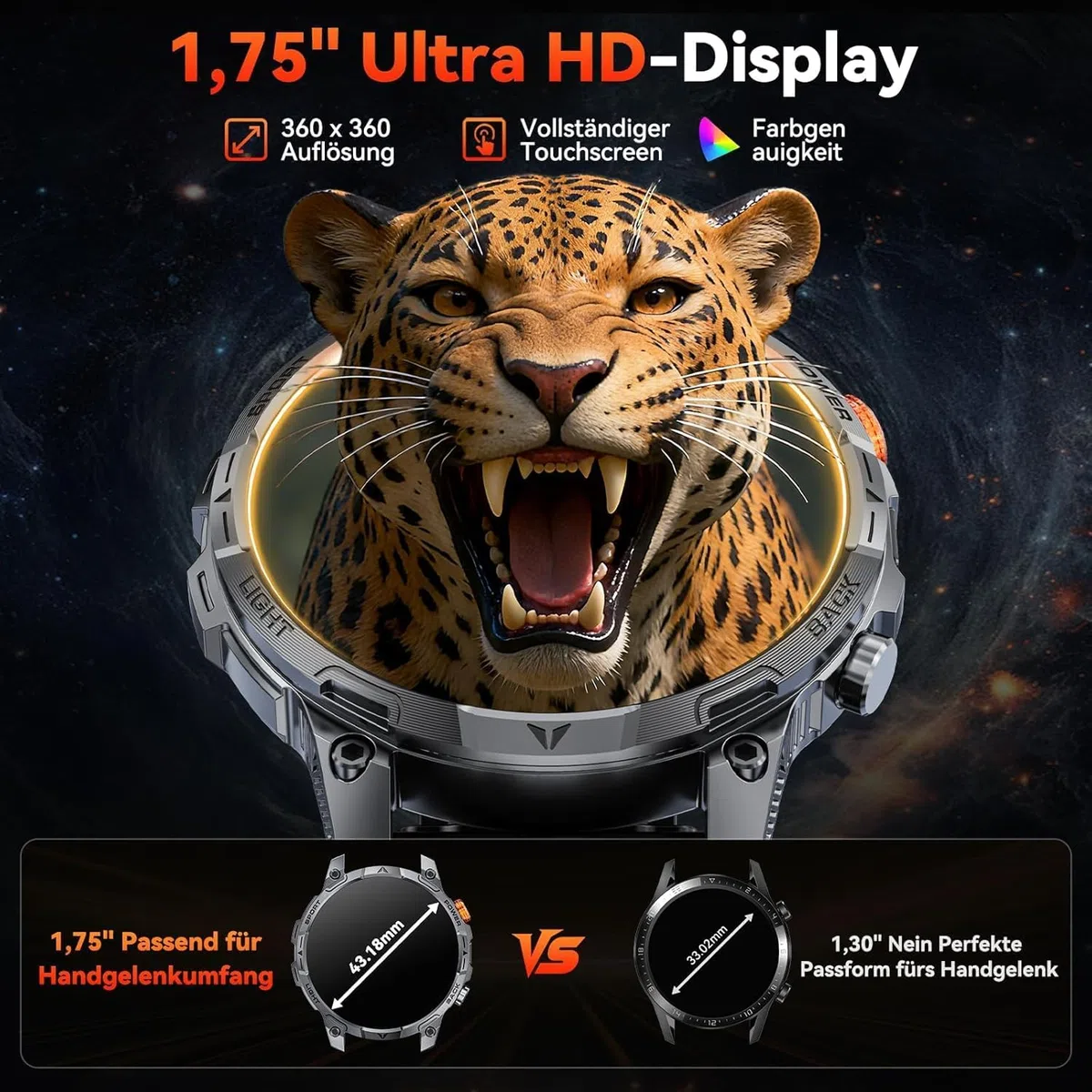 Militär Smartwatch Herren, mit1000-mAh-Akku/1,75" HD Großes Display Sportuhr/110+ Sportmodi Fitnessuhr/LED Taschenlampen/24/7Herzfrequenz/Schlafmonitor/IP68 Wasserdicht für iOS Android