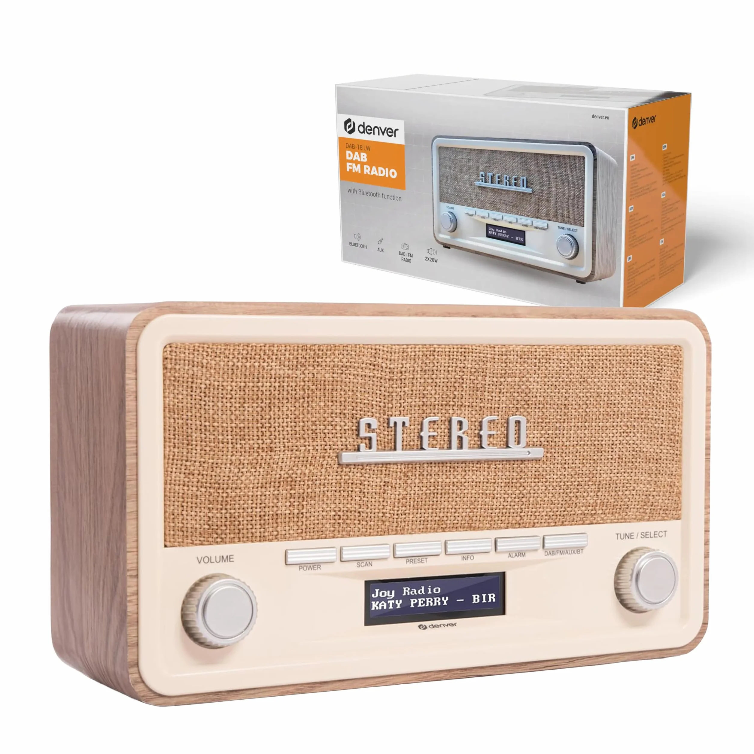 Denver Retro DAB-18 Digitalradio | DAB Plus Radio mit Bluetooth & FM | 2x20W Stereo-Lautsprecher | Kleines Radio mit Netzstecker | Küchenradio DAB mit gutem Klang | LCD-Display & Weckfunktion | DAB Plus & FM & Bluetooth, 2x20W Stereo-Lautsprecher, LCD-Dis