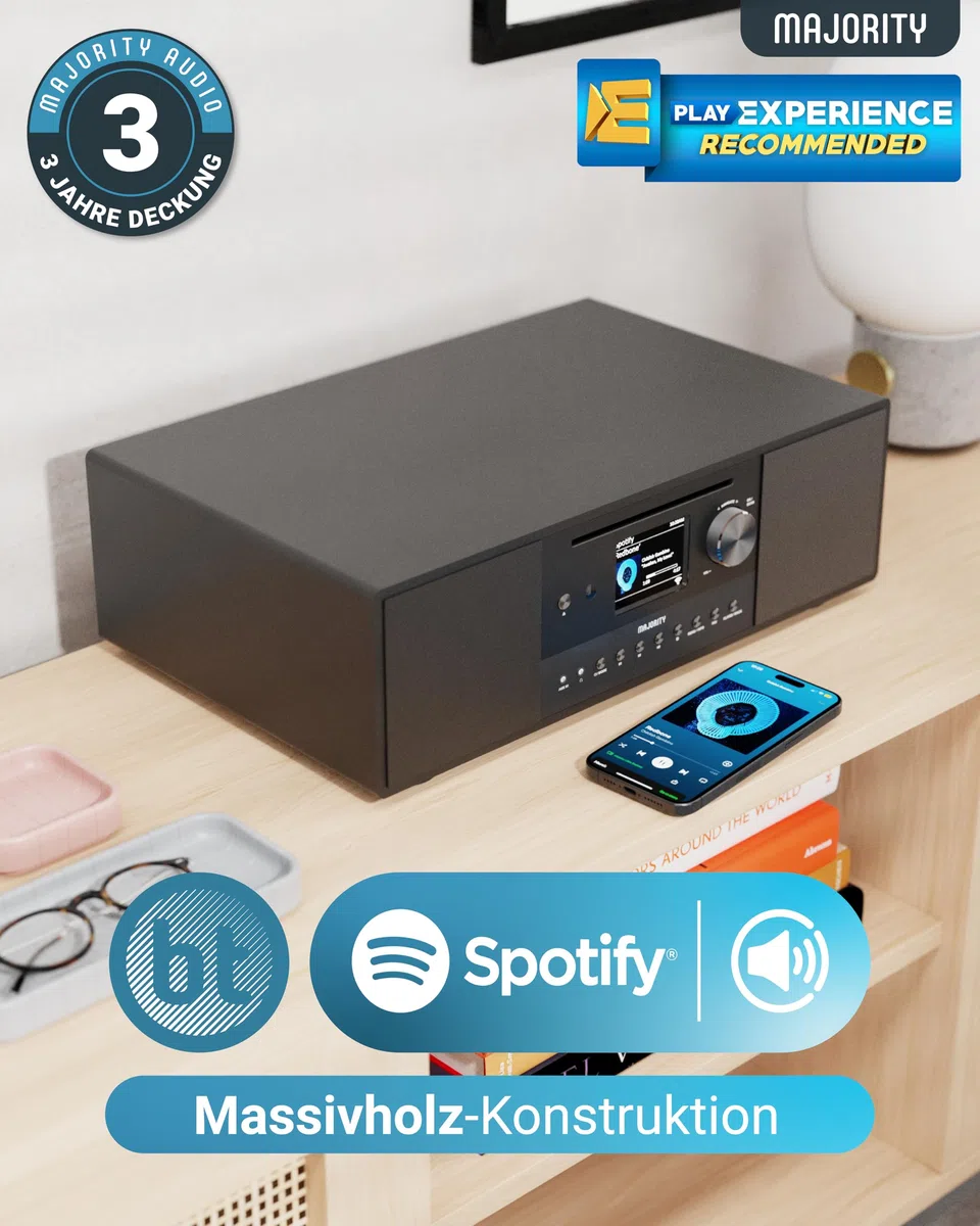 Internetradio WLAN mit CD Player | Stereoanlage Bluetooth mit Radio DAB+ & UKW | 120W 2.1 Stereo Lautsprecher mit Eingebauter Subwoofer | Küchenradio mit Spotify Connect & Podcasts | MAJORITY Quadriga