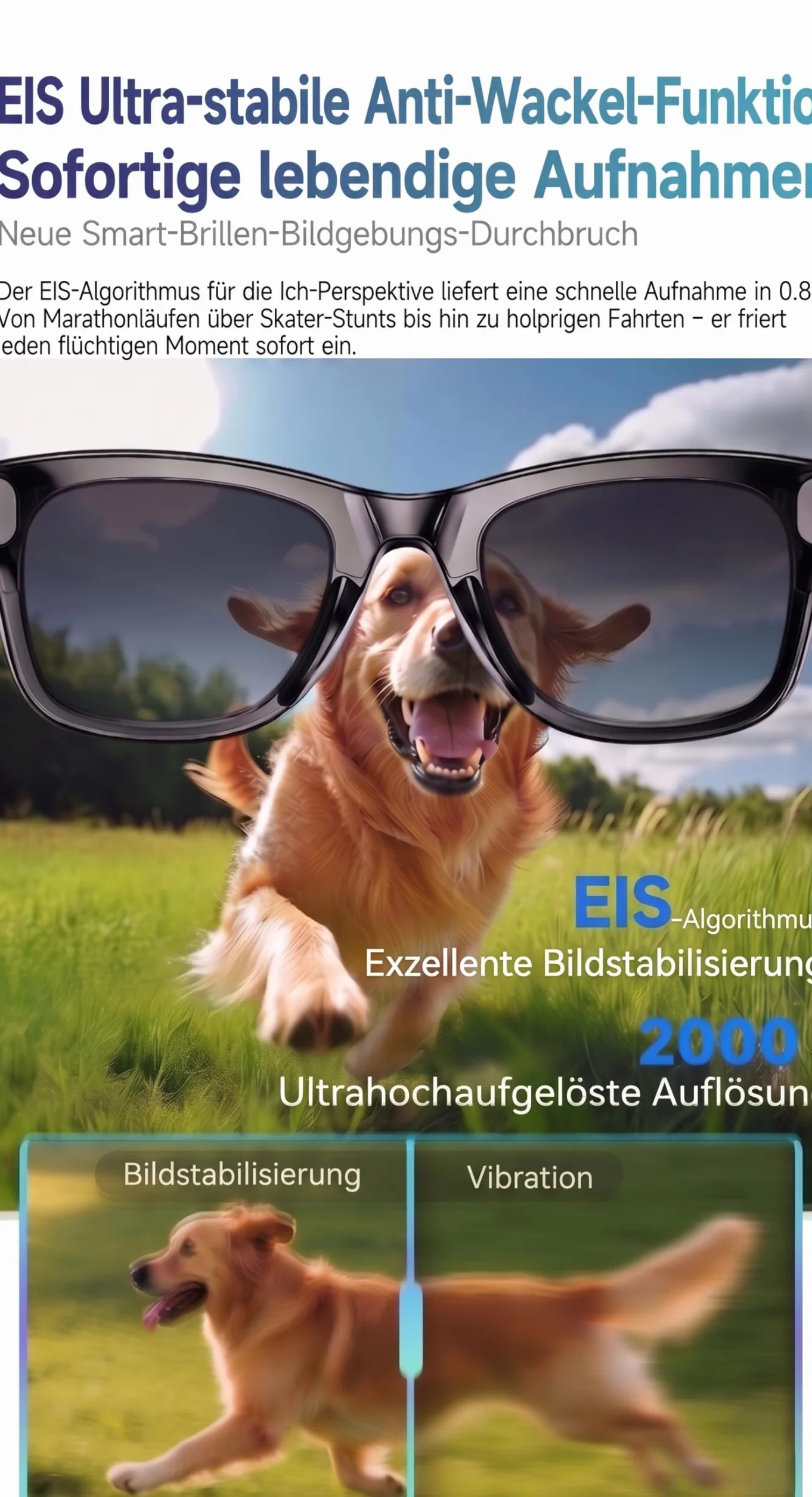 Smart Glasses mit KI & Bluetooth, ChatGPT-Sprachassistent, UV-Schutz, WLAN, Echtzeit-Übersetzung in 89 Sprachen, 2K-Kamera, Open-Ear-Audio, IP65 wasserdicht, Objektidentifizierung, inkl. 2 Gläser