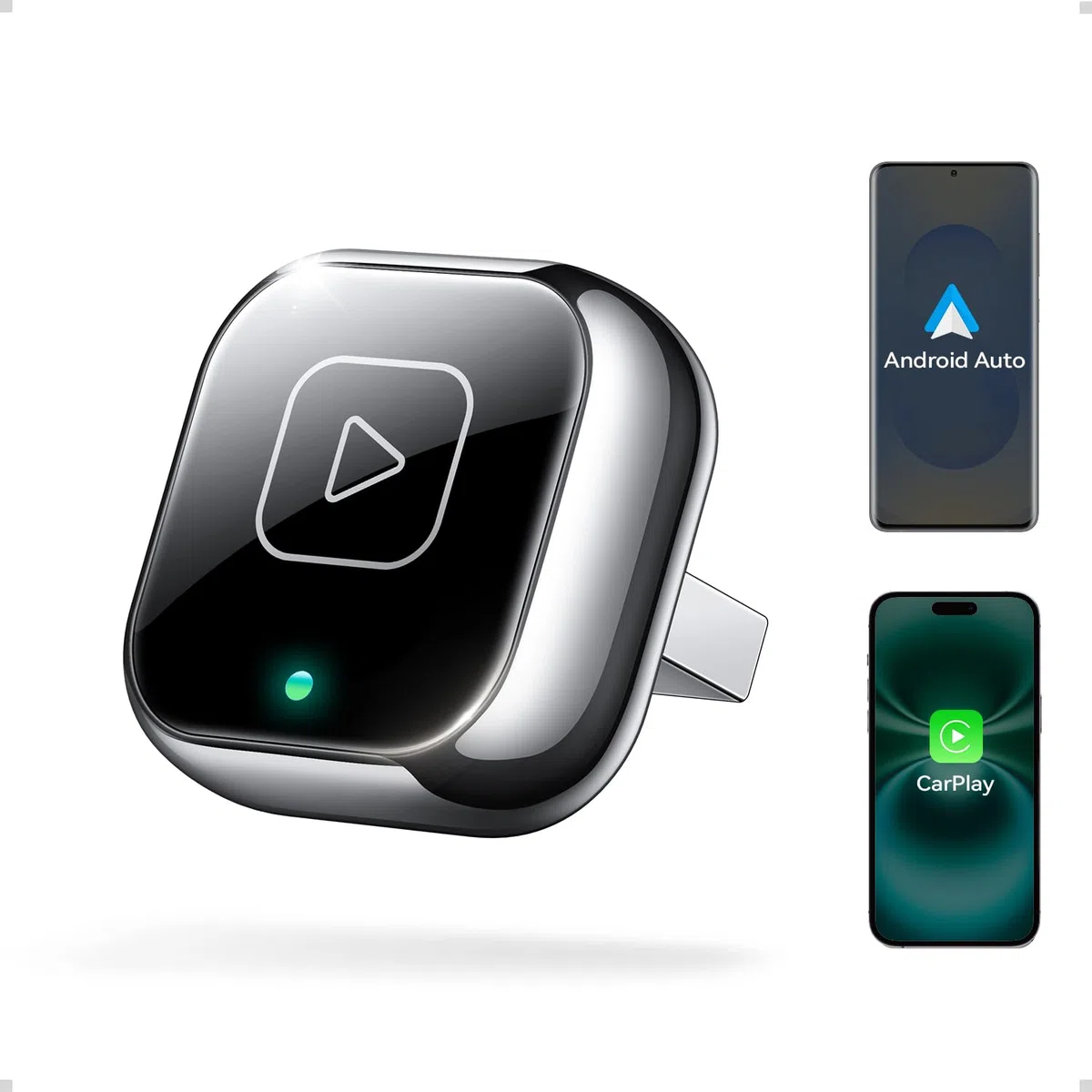 Mavlou Metalldesign Mini 2-in-1 Wireless CarPlay Android Auto Adapter Dongle für iOS 10+ Android 11+ Autos ab 2016 Schwarz