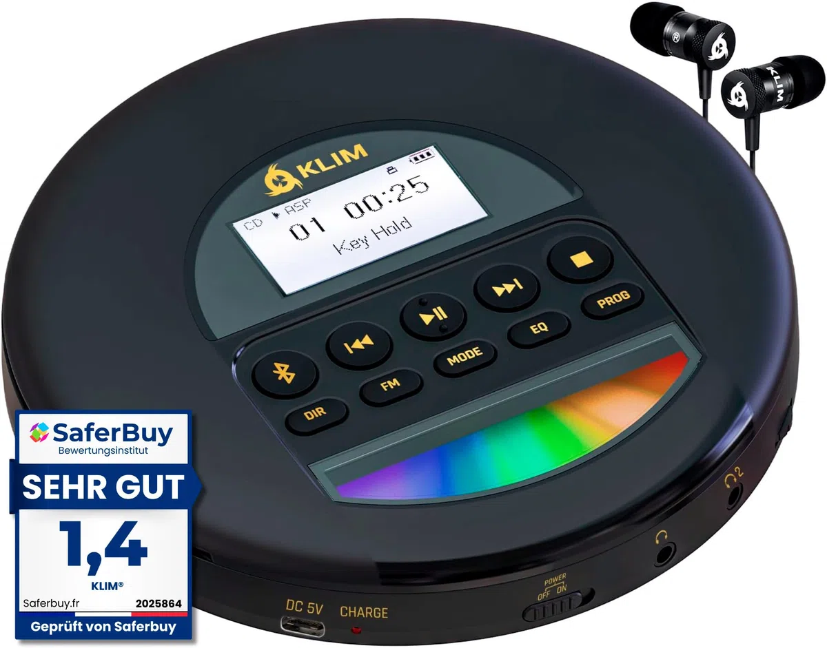 KLIM Nomad CD Player Bluetooth - Tragbarer CD-Player Discman mit langlebigem Akku - Inklusive Kopfhörer - CD-R, CD-RW, MP3 - Mit TF-Reader, Radio FM - Ideal für Autos - Portable Diskman