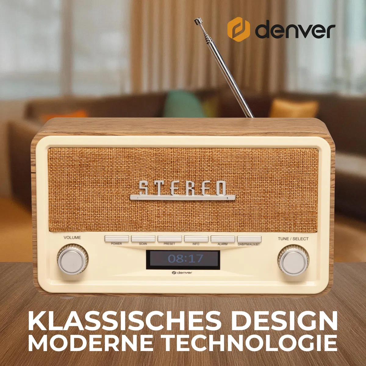 Denver Retro DAB-18 Digitalradio | DAB Plus Radio mit Bluetooth & FM | 2x20W Stereo-Lautsprecher | Kleines Radio mit Netzstecker | Küchenradio DAB mit gutem Klang | LCD-Display & Weckfunktion | DAB Plus & FM & Bluetooth, 2x20W Stereo-Lautsprecher, LCD-Dis