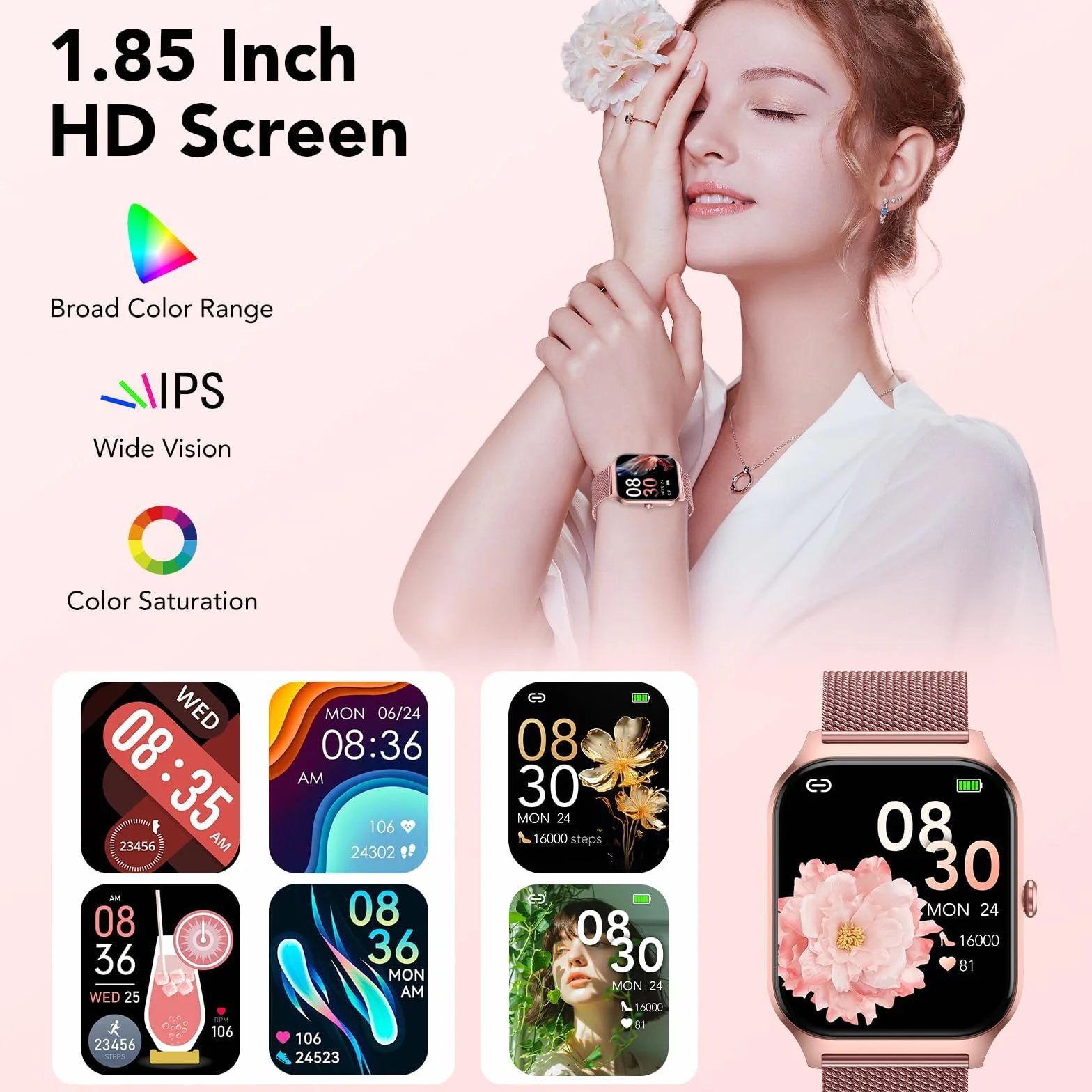 CASCHO Smartwatch Damen 1.85'' Telefonfunktion 120+ Sportmodi Fitnessuhr Herzfrequenz SpO2 Schrittzähler Schlafmonitor IP68 Wasserdicht Fitness Tracker iOS Android Roségold