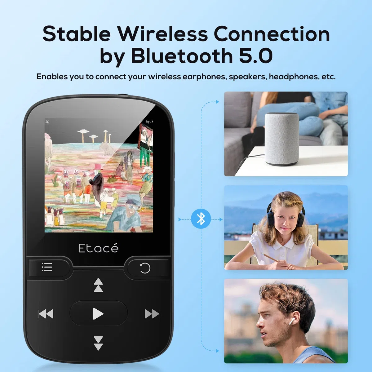 Etacé MP3 Player Bluetooth 5.3, Sport Musik-Player mit 16GB internen Speicher, UKW-Radio, E-Book, Schrittzähler, Sprachaufzeichnung und Unterstützung für bis zu 128 GB TF/Micro SD-Karte