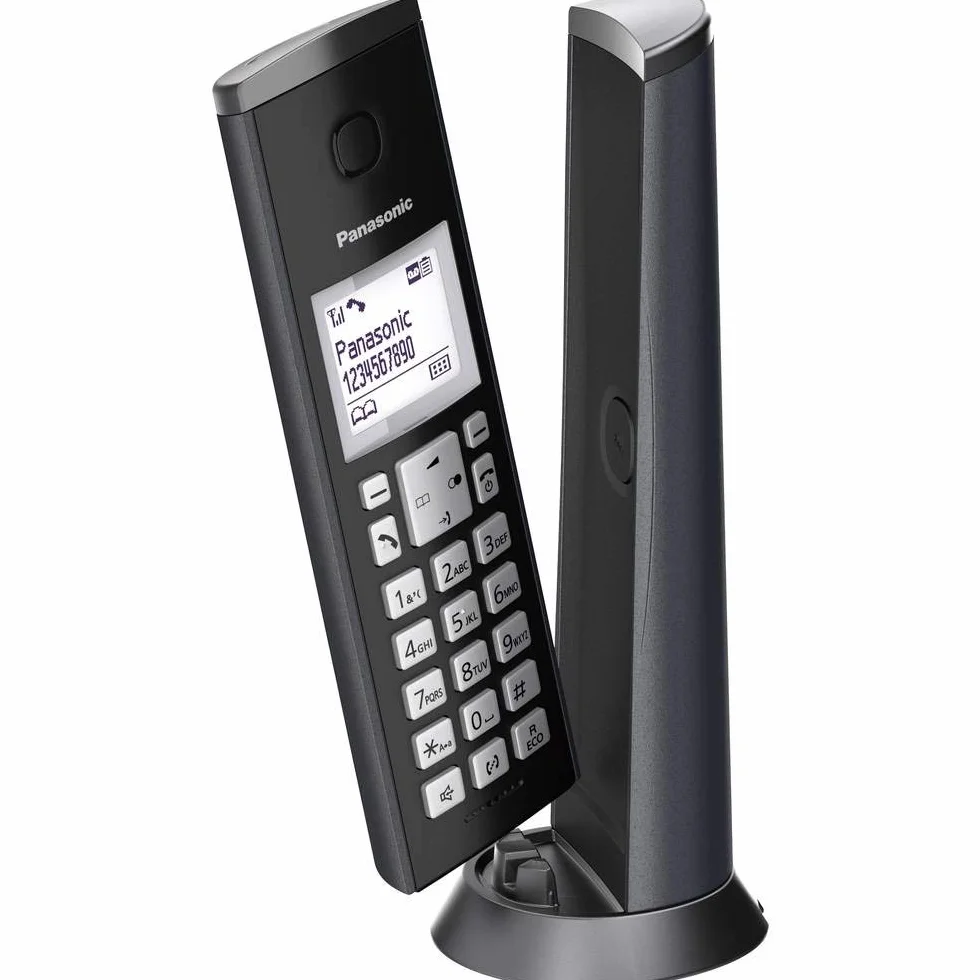 Panasonic KX-TGK220GM Design-Schnurlostelefon mit Anrufbeantworter, Station & Hörer, Freisprecheinrichtung, weißes LCD, Blockierung störender Anrufe, Hörer-Magnet, matt-schwarz