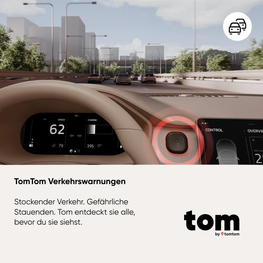 TomTom Verkehrsalarm Blitzerwarner für Auto – Warnt vor festen & mobilen Blitzern, Staus | Ohne ABO | CarPlay & Android Auto | Made in Europe