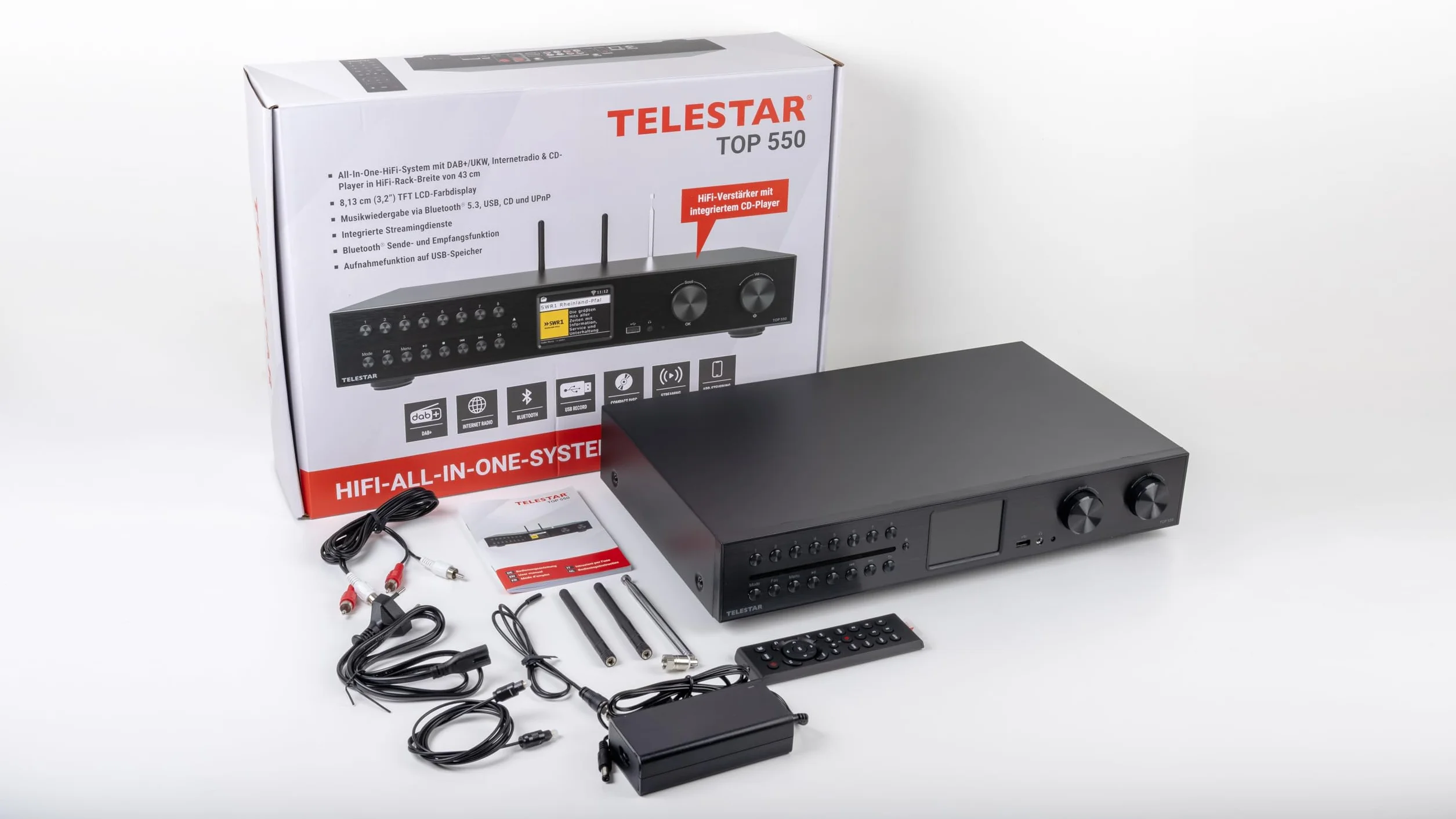 TELESTAR TOP 550 – HiFi-System mit Verstärker & CD-Player, 43 cm – Schwarz | 2 × 30 W, Internetradio/DAB+, Bluetooth Audio-Streaming & Sendefunktion, Hotelmodus, USB-Aufnahme, Streamingdienste