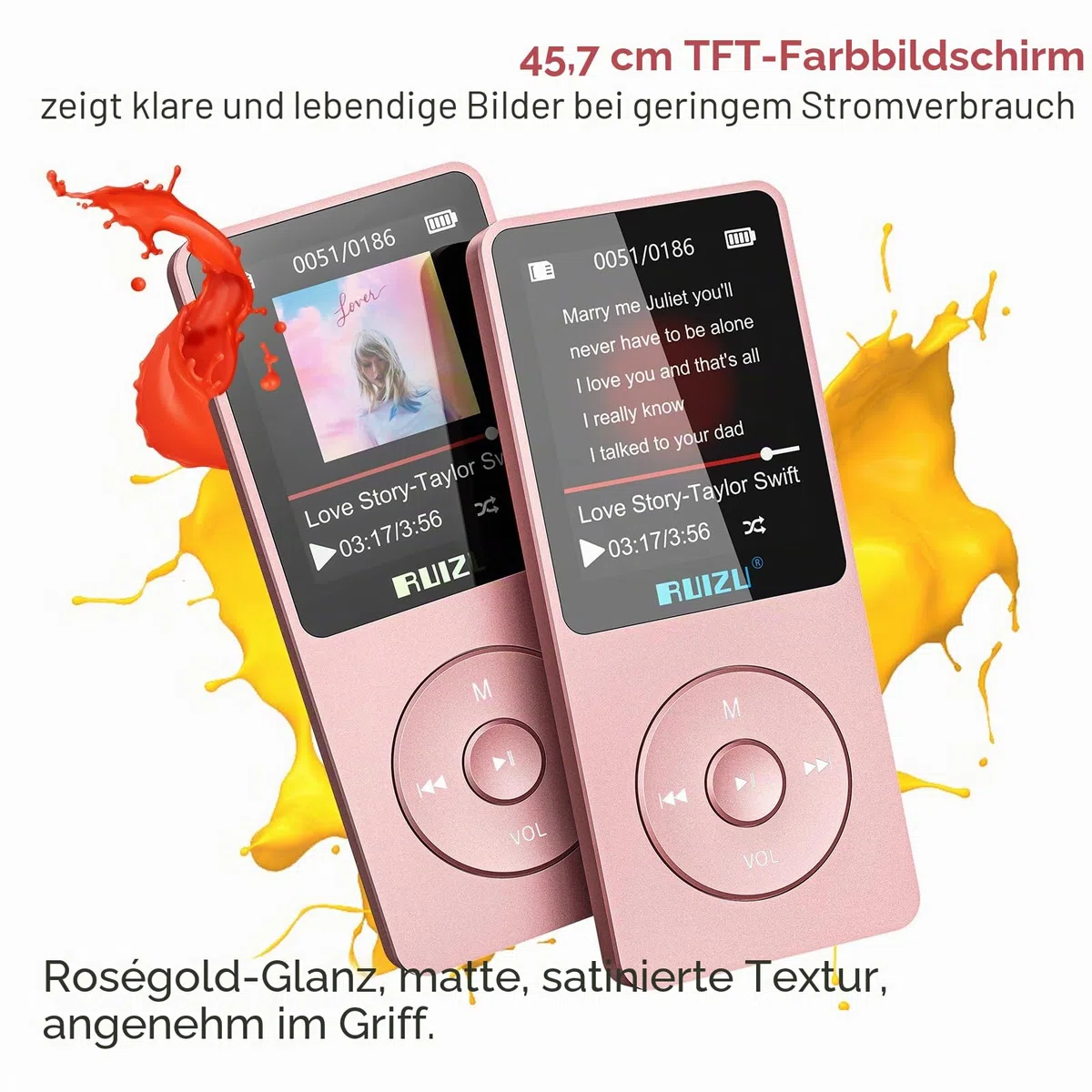 RUIZU 32GB MP3 Player with Bluetooth 5.3, 1.8" Screen Portable Music Player, FM Radio, Voice Recording,80H Digital Audio Video Playback,Support 128GB，Rosagold