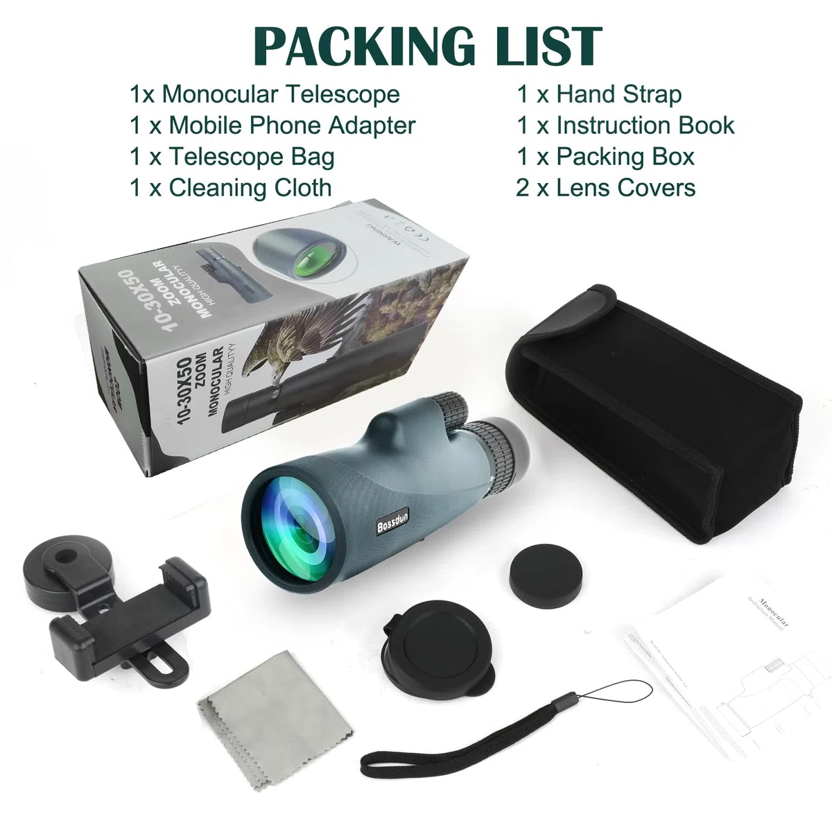 10-30x50 Monokular Teleskop für Erwachsene, Wasserdichtes HD Monokular Zielfernrohr mit Smartphone zur Vogelbeobachtung Sightseeing Wandern Jagd Camping (Green)
