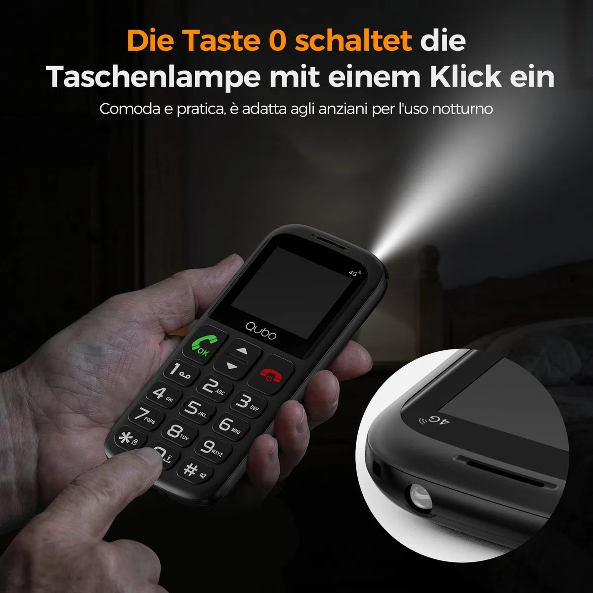 Qubo 4G Seniorenhandy ohne Vertrag |mit SOS-Notruftaste | Rentner Handy Große Tasten | Taschenlampe | Dual-SIM| USB-C | Tastenhandy mit Ladestation | 1,77 Zoll Farbdisplay