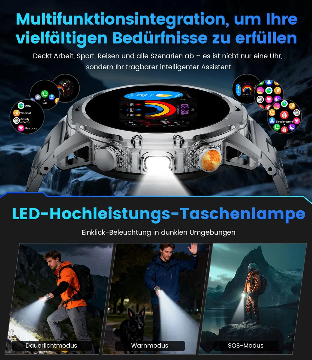 Smartwatch Herren mit 1000mAh Akku für Android iOS, 1,53" HD Großes Touchscreen Militär Smart Watch mit 24H Herzfrequenz/110 Sportmodi, IP68 Wasserdicht Taschenlampe Fitnessuhr, Schwarz-Orange