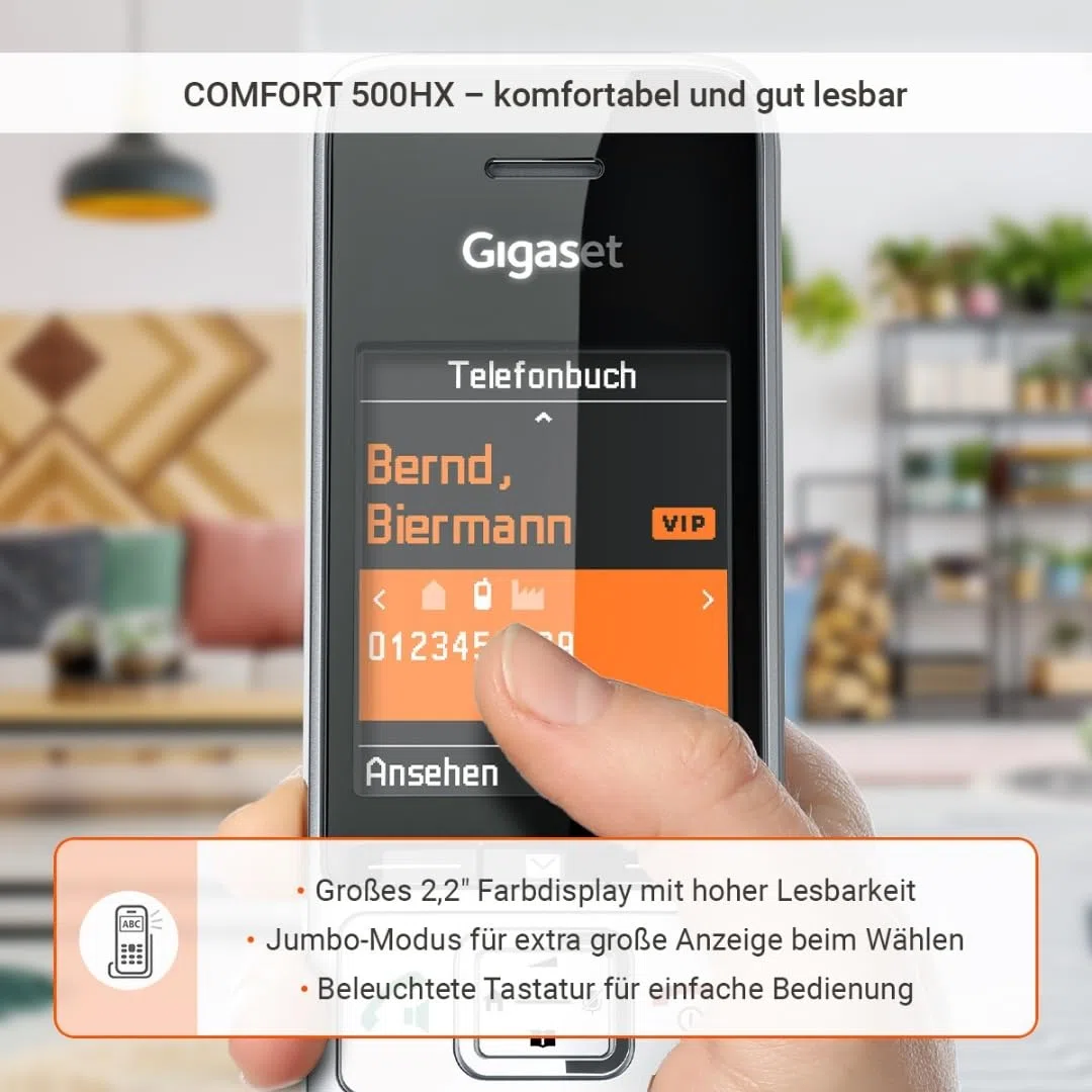 BasicLine IP + Comfort 500HX – Basisstation für Internet-Telefonie, kombiniert mit einem HX-Mobilteil, HD-Sprachqualität, Made in Germany, Silber-schwarz [Kompatibel in DE, IT, FR, NL, BE, ES, Che]