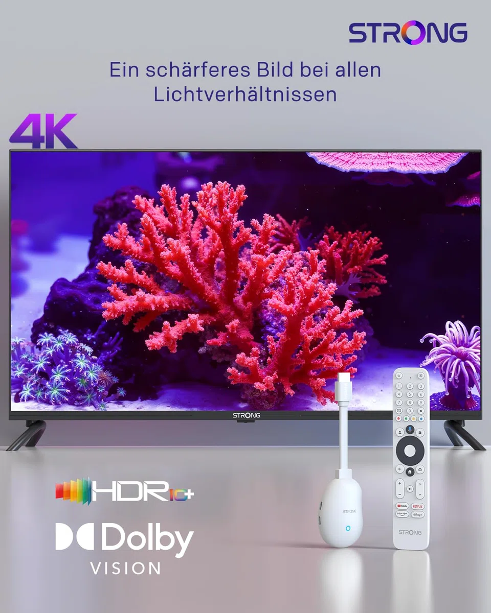 STRONG LEAP-Neve 4K UHD Google TV Streaming Stick Mit Integriertem Google Cast, 2GB RAM + 8GB Flash-Speicher, WLAN 6, Android 12, Ethernet-Anschluss, Dolby Vision & Dolby Audio - Weiß