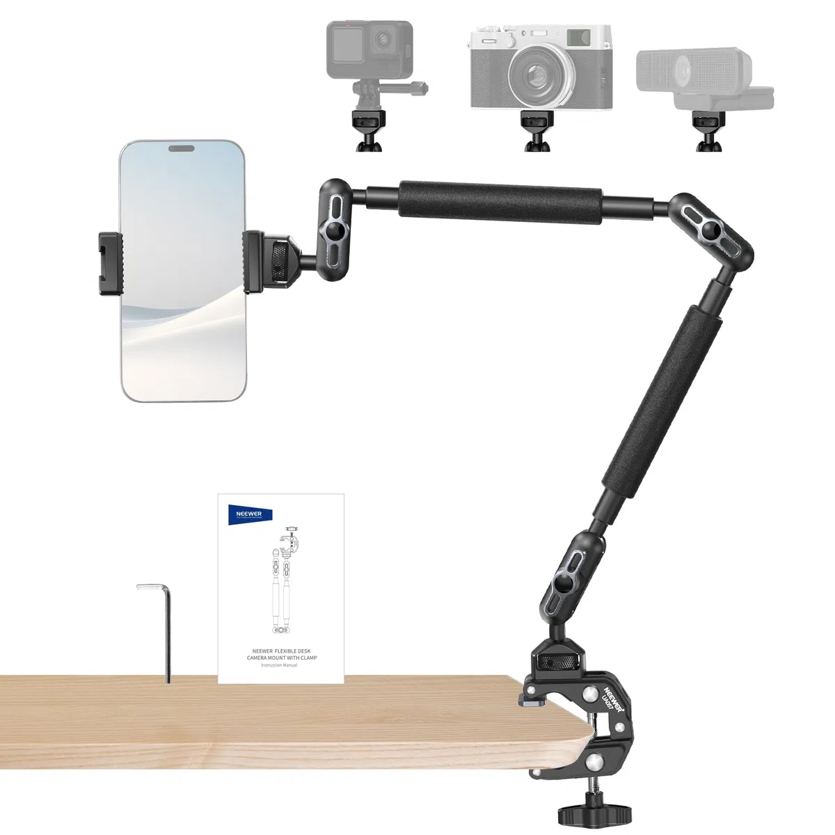 NEEWER 22" Magic Arm mit Klemme, Überkopf Tischkamera Telefonhalterung mit Doppel Kugelkopf Gelenkarm, 1/4" 3/8" Gewinde, Telefonhalter kompatibel mit iPhone DSLR Action Kamera Videoleuchte, UA057