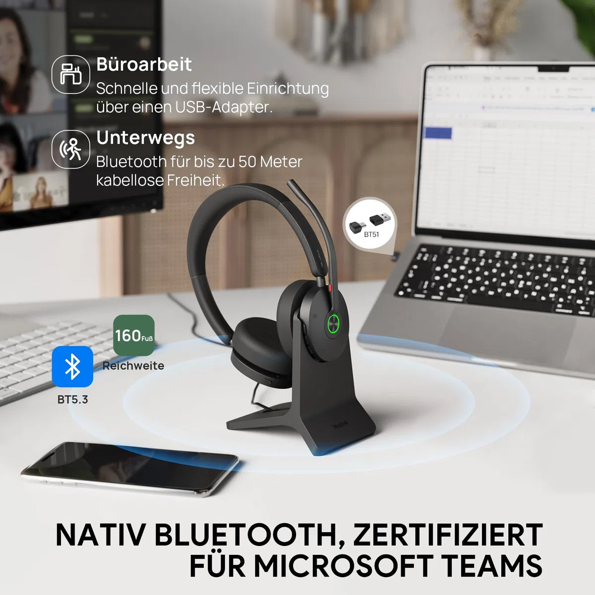 Yealink BH74 mit Ladestation ANC Kabelloses Bluetooth Headset mit Mikrofon, 6X Hybride Geräuschunterdrückung Mic, Stereo On Ear Kopfhörer Bluetooth, 32H Sprechzeit, Microsoft Teams Zoom Zertifiziert