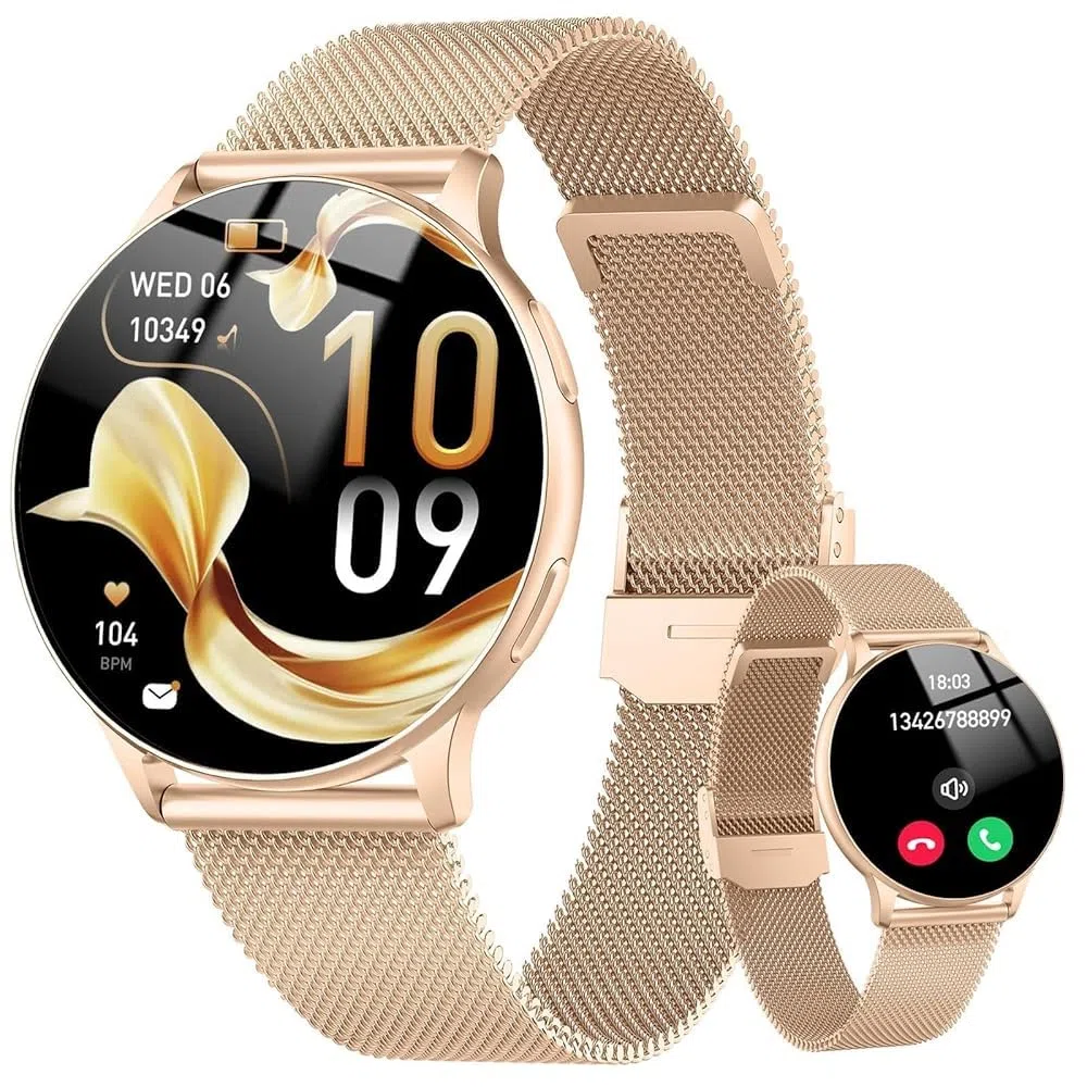 Smartwatch Damen Rund 1.32" AMOLED Schrittzähler Telefonfunktion Fitness Tracker Pulsuhr Schlafmonitor SpO2 IP68 Wasserdicht Sportuhr 120+Sportmodi Android iOS Rose gold