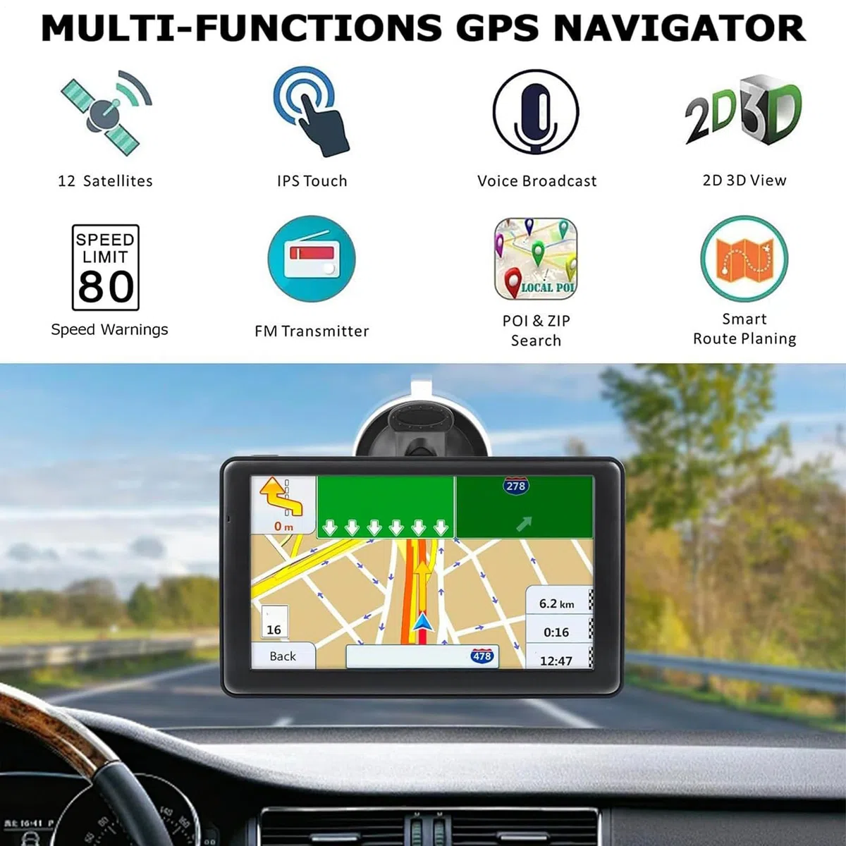 GPS-Navigationsgerät für, 17,7 cm, intelligentes Touchscreen-Gerät mit hochauflösendem Bildschirm und Karten für Fahrzeuge LKW und Lange Reisen