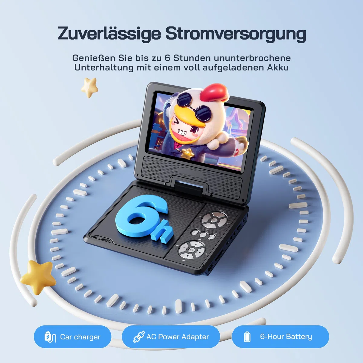 WOLFANG 9,5 Zoll Aufladbarer Tragbarer DVD-Player für Kinder im Auto, 7,5 Zoll HD Drehbildschirm, 6 Stunden Spielzeit, Sync TV/USB/SD, Keine Blu-ray-Unterstützung (Schwarz)