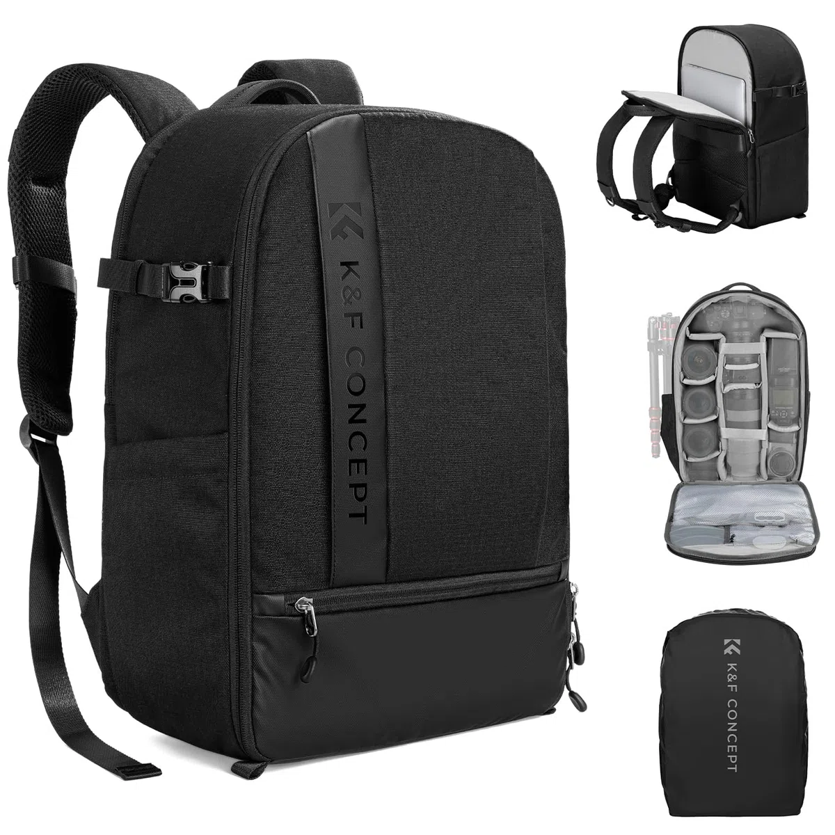 K&F CONCEPT 18L Kamerarucksack, Fotorucksack mit 15.6 Zoll Laptopfach, Große Kapazität Camera Backpack mit Regenschutz für DSLR/Stativ/Zubehör Schwarz