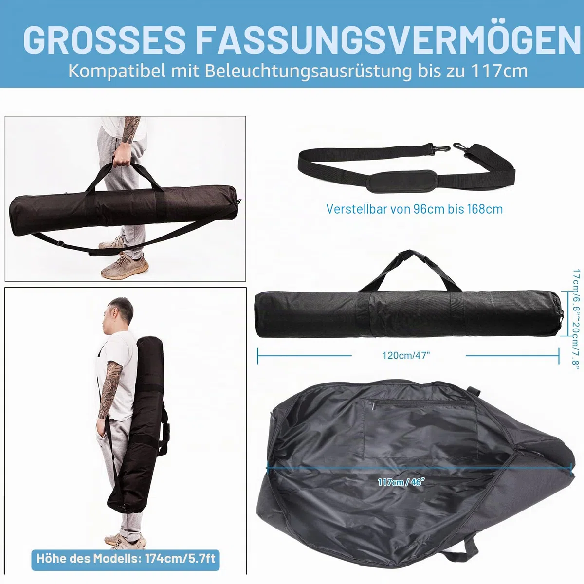 Stativtasche/Behälter Schaum 1680D Nylon mit Schultergurt tragen gepolstert - 47" 120cm x 20cm - Schwarz