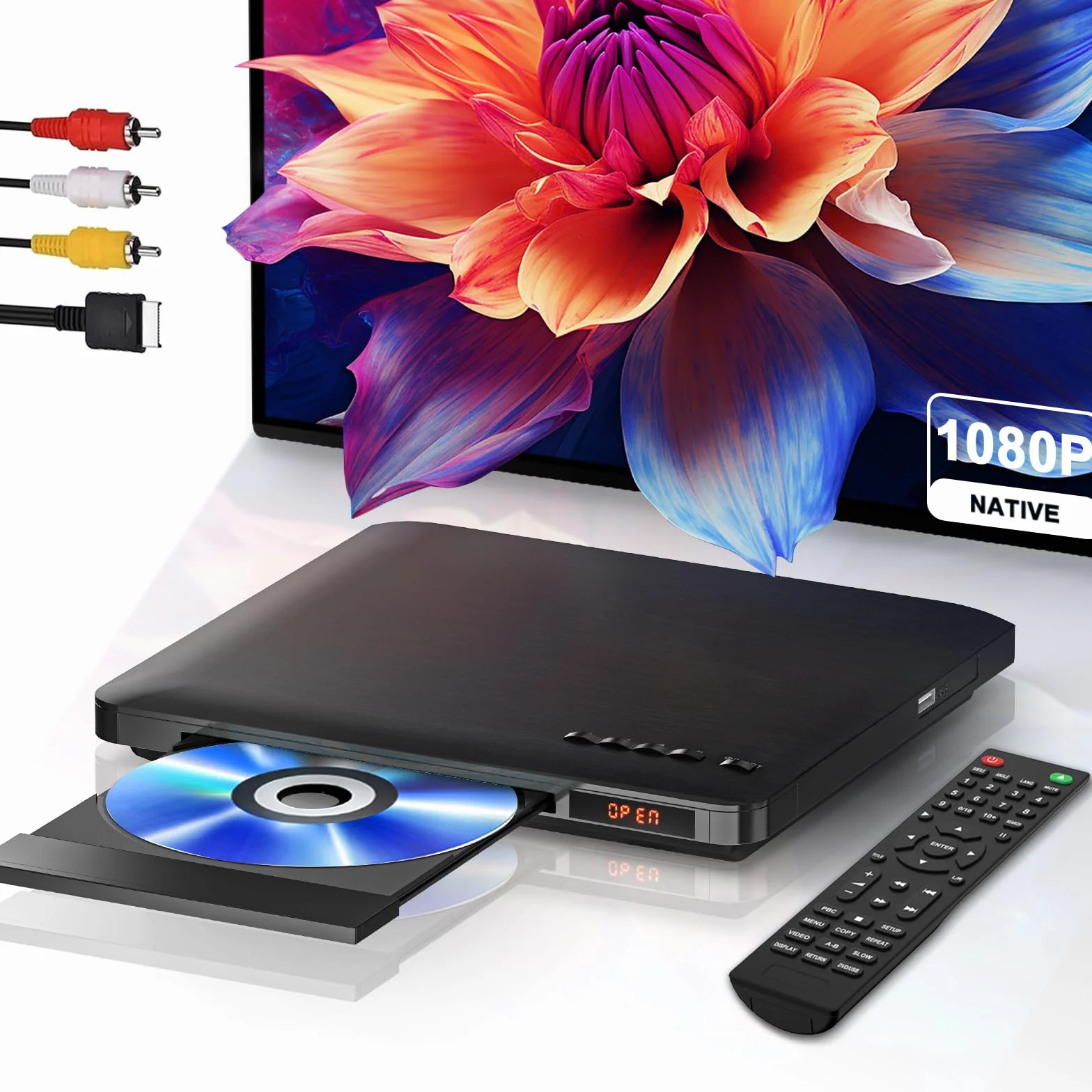 DVD-Player für Fernseher mit HDMI- und RCA-Ausgang, 1080P Full HD | Alle Regionen DVD/CD Abspielen, USB, Speicher-Wiedergabe, CD-Kopie, PAL/NTSC System