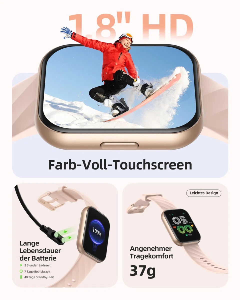 Parsonver Smartwatch Damen 5ATM Wasserdicht Sportuhr Schwimmen 1,8" HD Fitnessuhr 100+ Sportmodi Herzfrequenz Schlaftracking Android iOS Roségold FF2