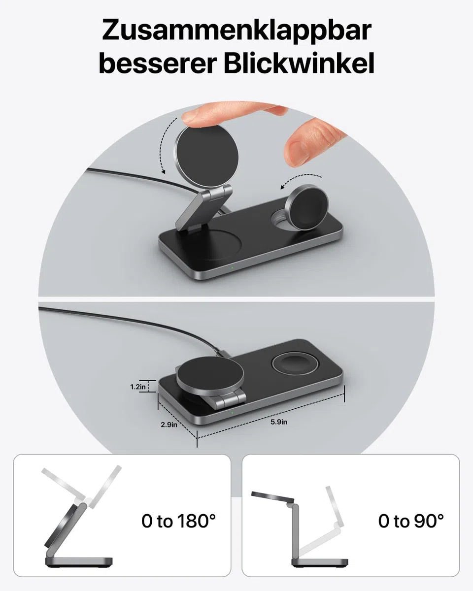 Induktive Ladestation Kompatibel mit Magsafe Ladegerät,QTlier 3 in 1 iPhone Ladestation für Air 17/16/15/14/13/12 Serie,20W Wireless Charger für Apple Watch 10/9/8/7/6/5/4/3 und AirPods (Tief Schwarz)