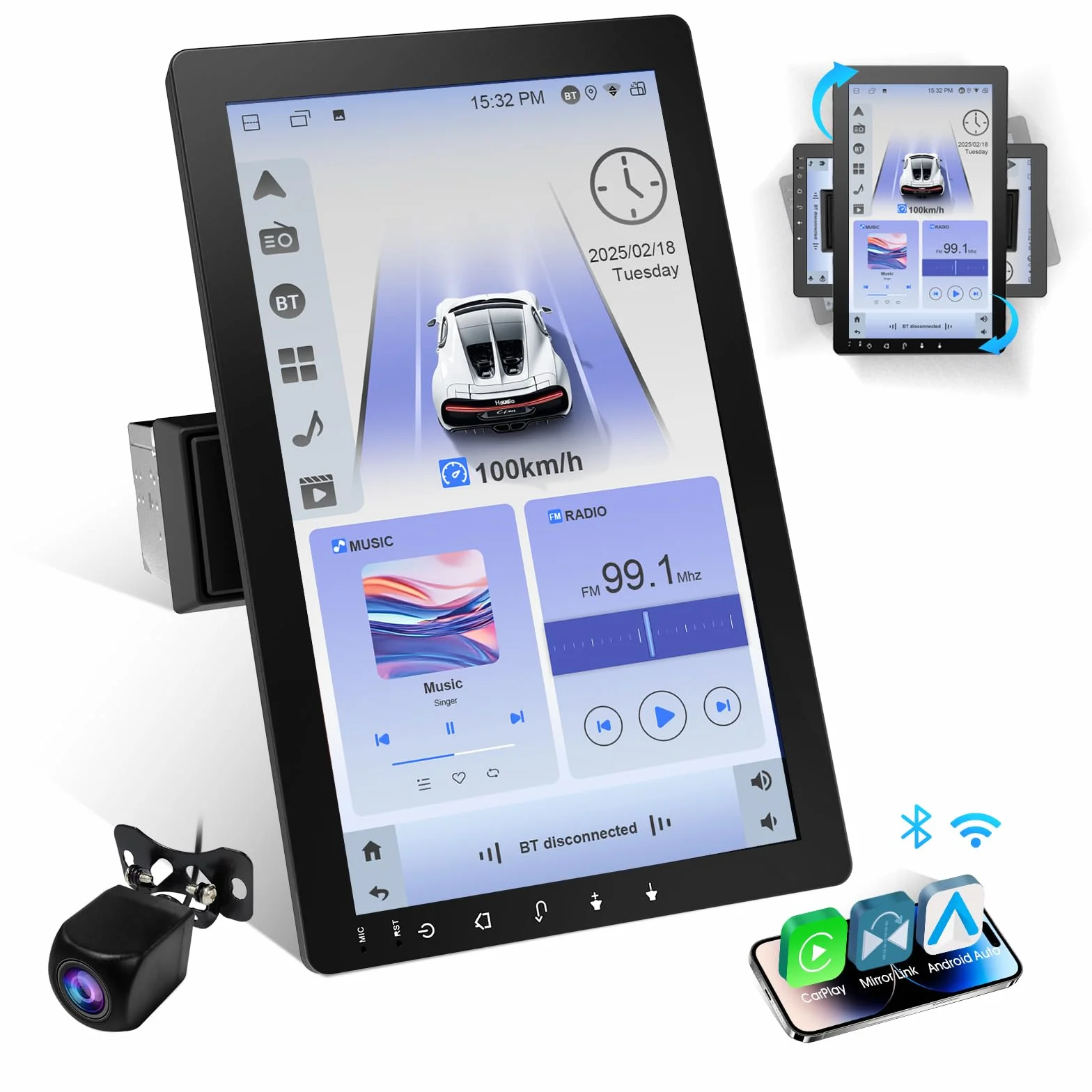 Haudio 1 Din Autoradio, 10.1 Zoll Drehbar Bildschirm, Auto Stereo mit Wireless Apple CarPlay & Android Auto, Car Play Touch Screen mit 720P Rückfahrkamera,Mirror Link, Sprachsteuerung, RDS/FM/AM Radio