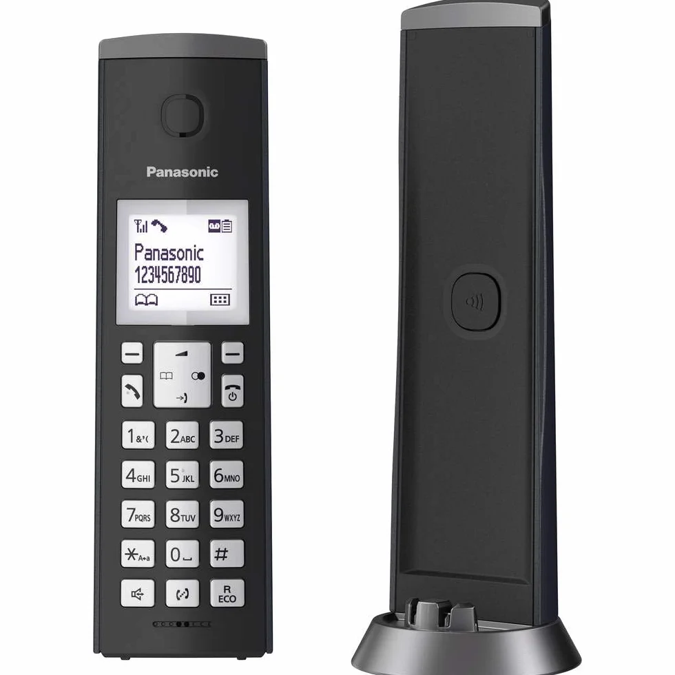 Panasonic KX-TGK220GM Design-Schnurlostelefon mit Anrufbeantworter, Station & Hörer, Freisprecheinrichtung, weißes LCD, Blockierung störender Anrufe, Hörer-Magnet, matt-schwarz