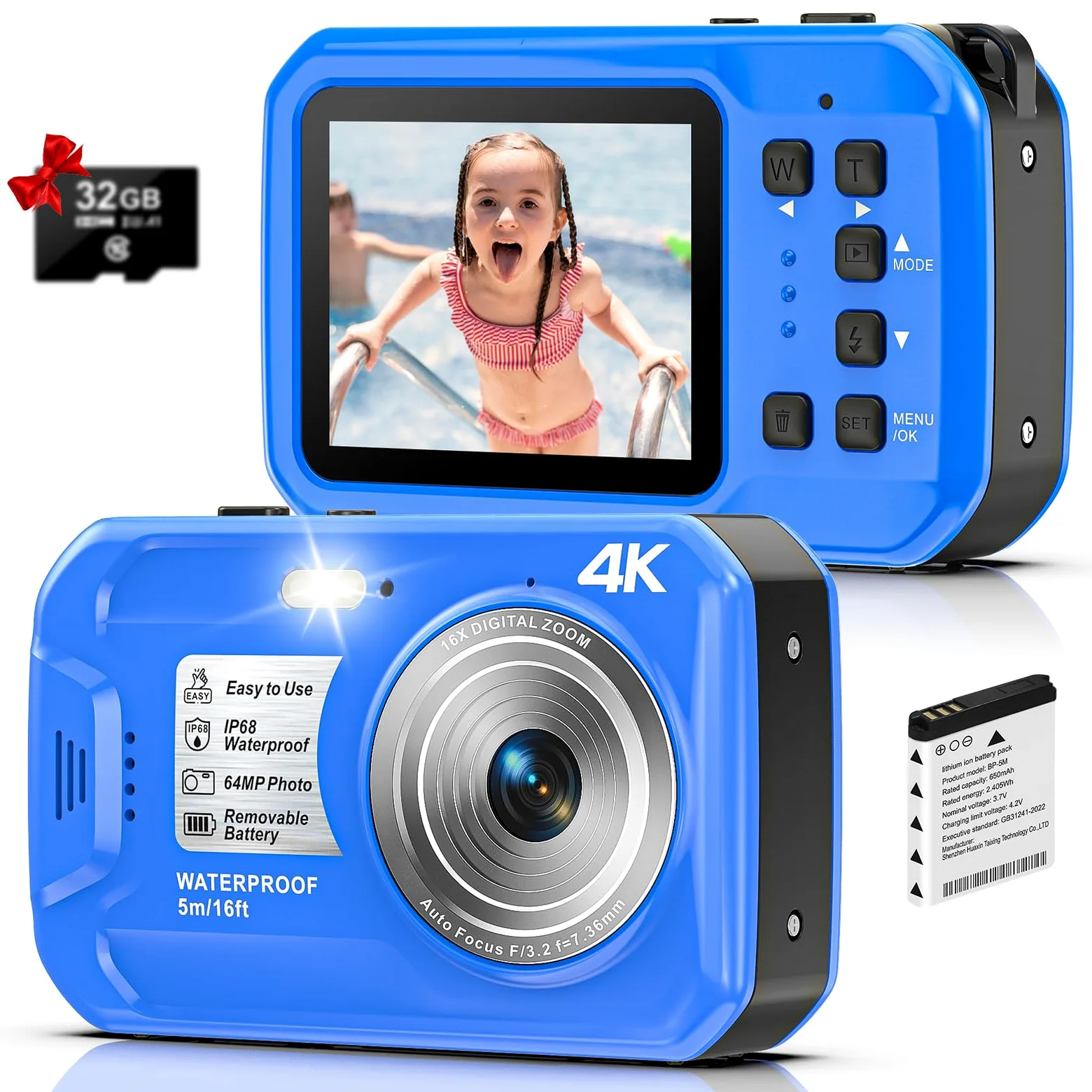 Unterwasserkamera, Yixinxin Digitalkamera wasserdichte 4K 64MP 16FT Autofokus wasserdichte Kamera zum Schnorcheln, IPS HD Bildschirm 16X Digitalzoom und 16GB Karte