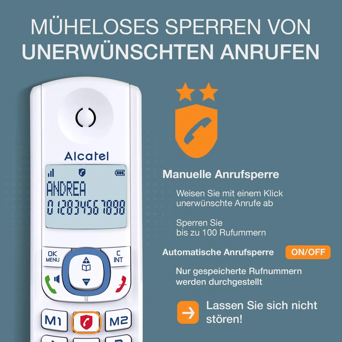 ALCATEL F530 Voice - Schnurloses Festnetztelefon DECT mit Anrufbeantworter - Großes beleuchtetes Display - Freisprechfunktion - Anrufblockierungsfunktion - 2 Direktwahltasten - Weiß/Blau