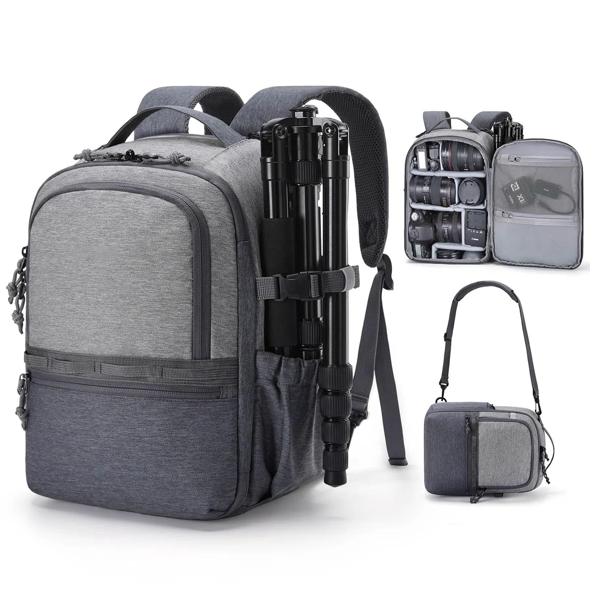 Kompakter 2-in-1 Kamerarucksack für Fotografen, kompatibel mit Sony Canon Nikon DSLR Kameras und 12,9 Zoll Tablet, umwandelbar in Umhängetasche für vielseitige Reisen, Beige, grau, L, Casual