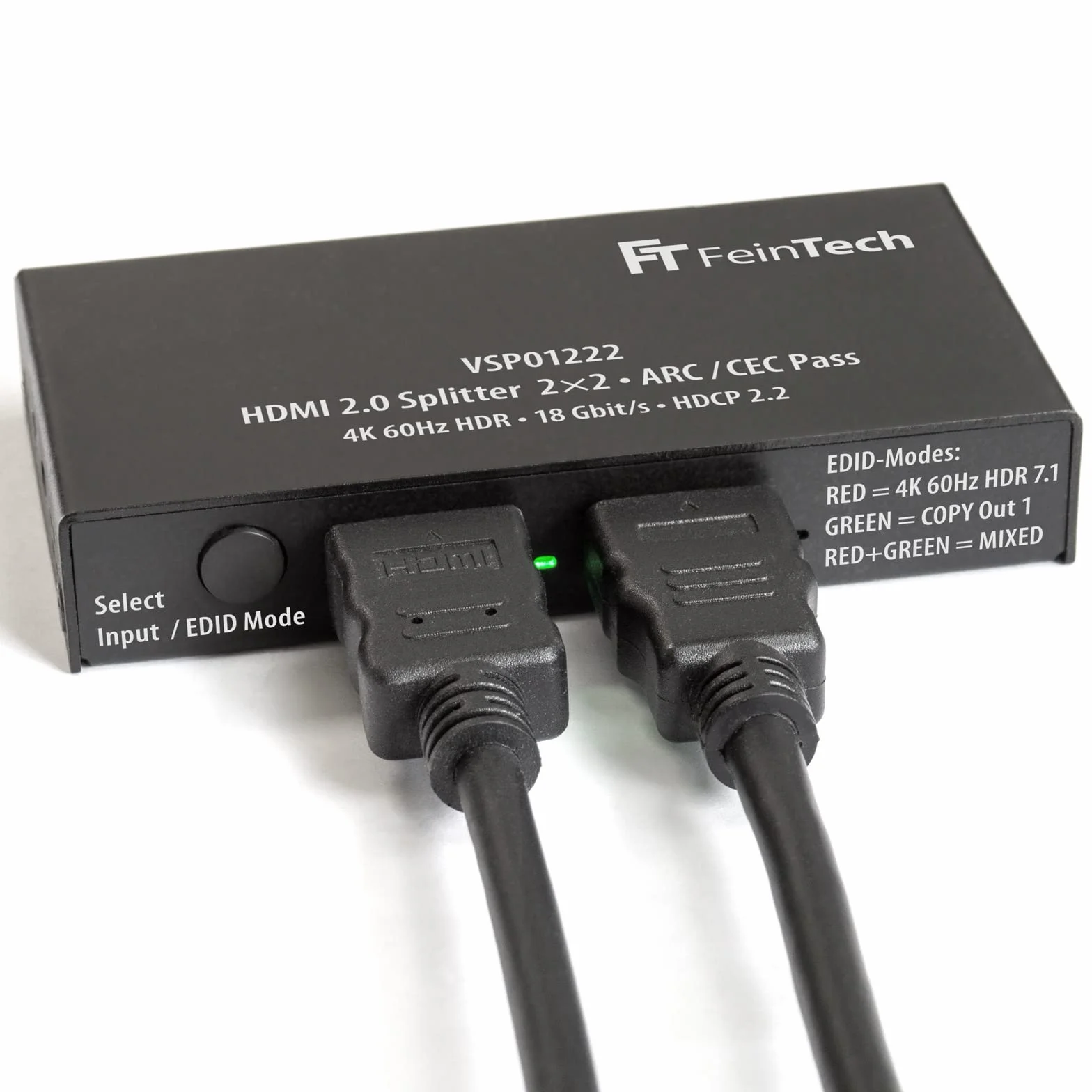 FeinTech VSP01222 HDMI 2.0 Splitter 2 Eingänge 2 Ausgänge Scaler ARC Pass für AV-Receiver 4K 60Hz HDR