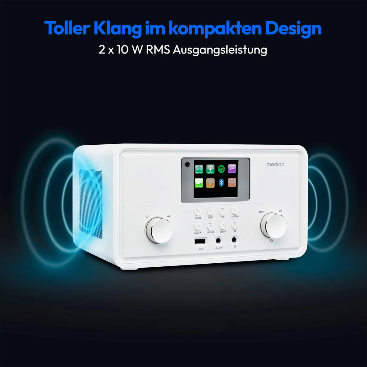 MEDION P85027 Internetradio (DAB Plus, UKW Radio, Spotify Connect, WLAN, Bluetooth, Streaming, Equalizer, Farbdisplay, USB, AUX, Wecker, Schlummerfunktion, Sleep Timer) weiß