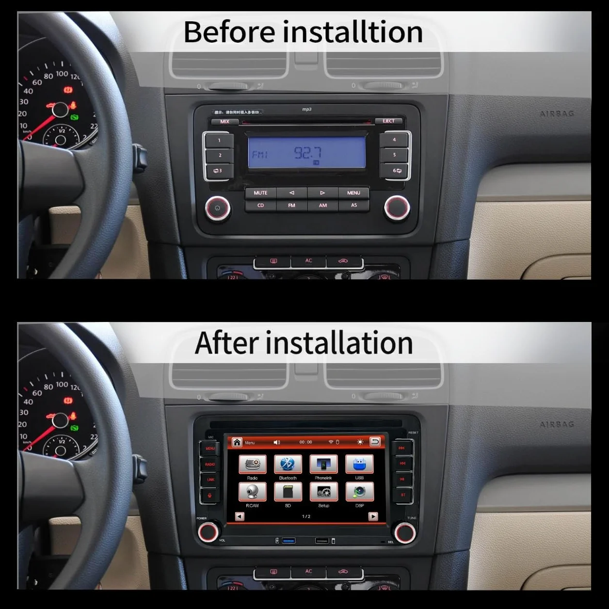Autoradio für VW Golf 5/6/Jetta/Polo/Passat/T5/EOS-(Start in 3–5 Sekunden) | 7“ Display mit integriertem Apple CarPlay & Android Auto, FM/AM/DSP/Bluetooth / Mikrofon, Lenkradsteuerung – Plug-and-Play